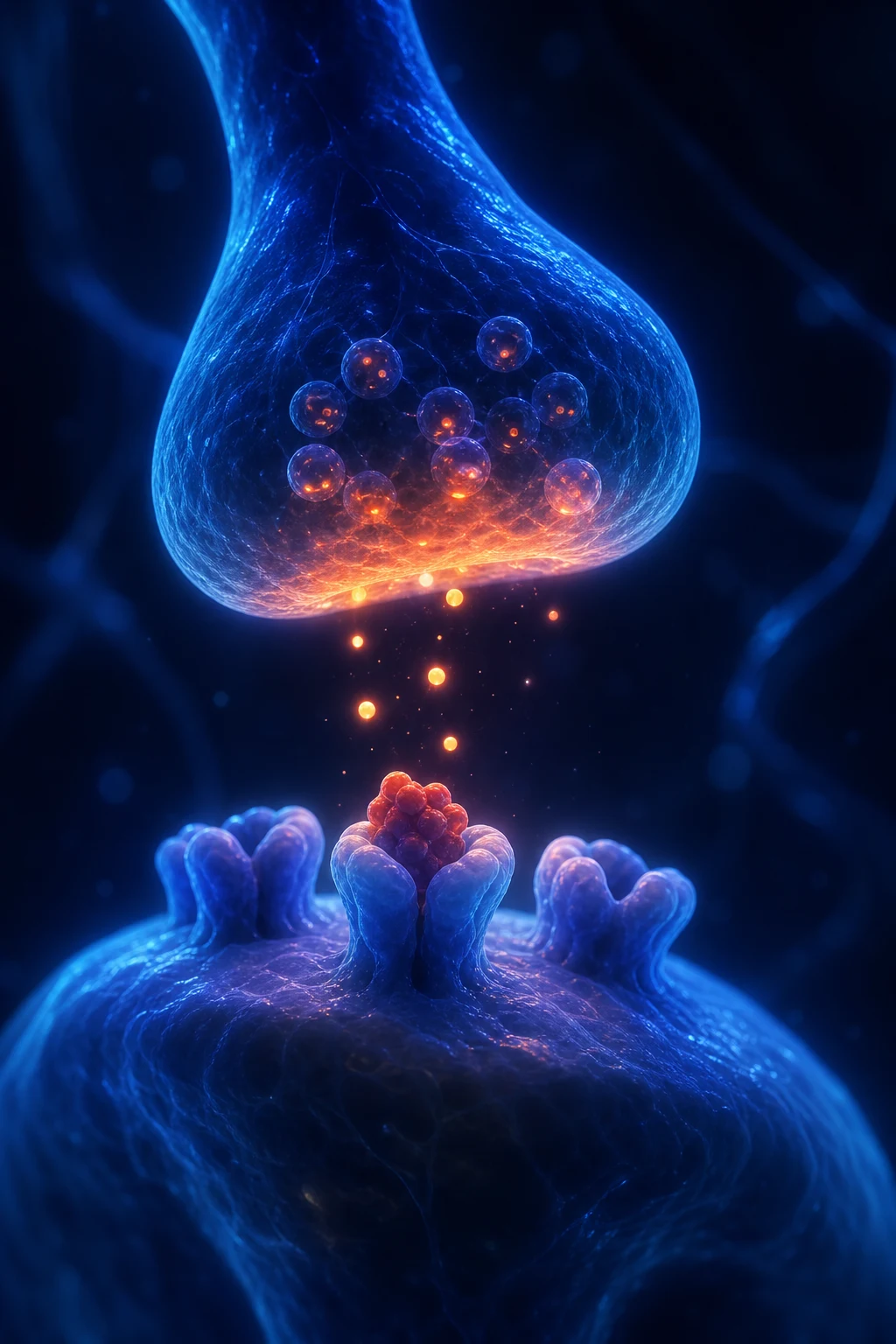 Cinematic 3D abstract illustration of a glowing mu-opioid receptor in a neural synapse being blocked by a naloxone molecule, against a deep navy background