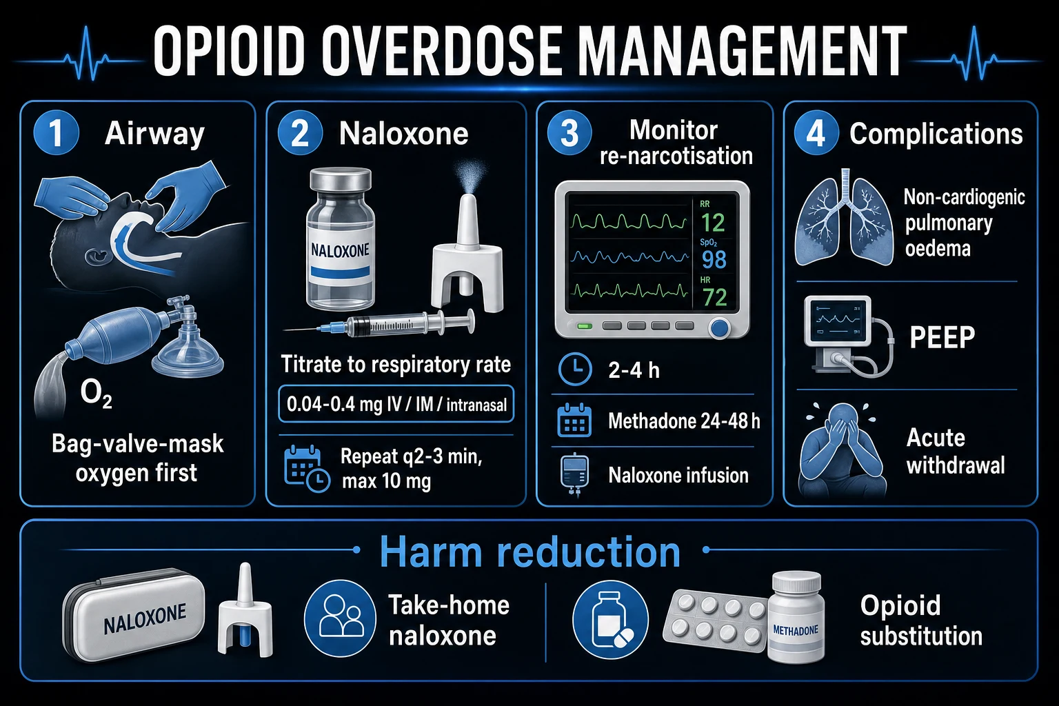 Clean management infographic: airway and BMV first, naloxone titration, monitoring for re-narcotisation, naloxone infusion for long-acting opioids, and management of non-cardiogenic pulmonary oedema