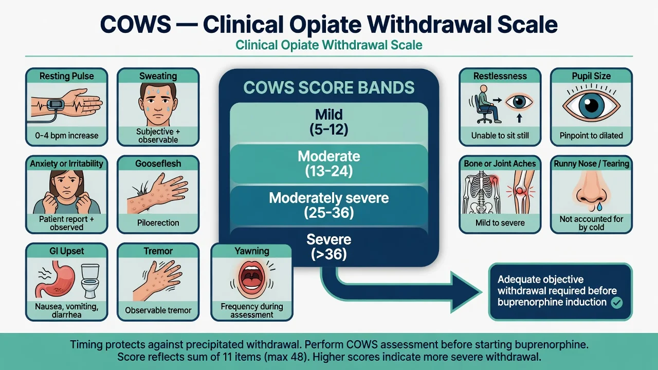 Clinical Opiate Withdrawal Scale domains and severity bands for buprenorphine timing