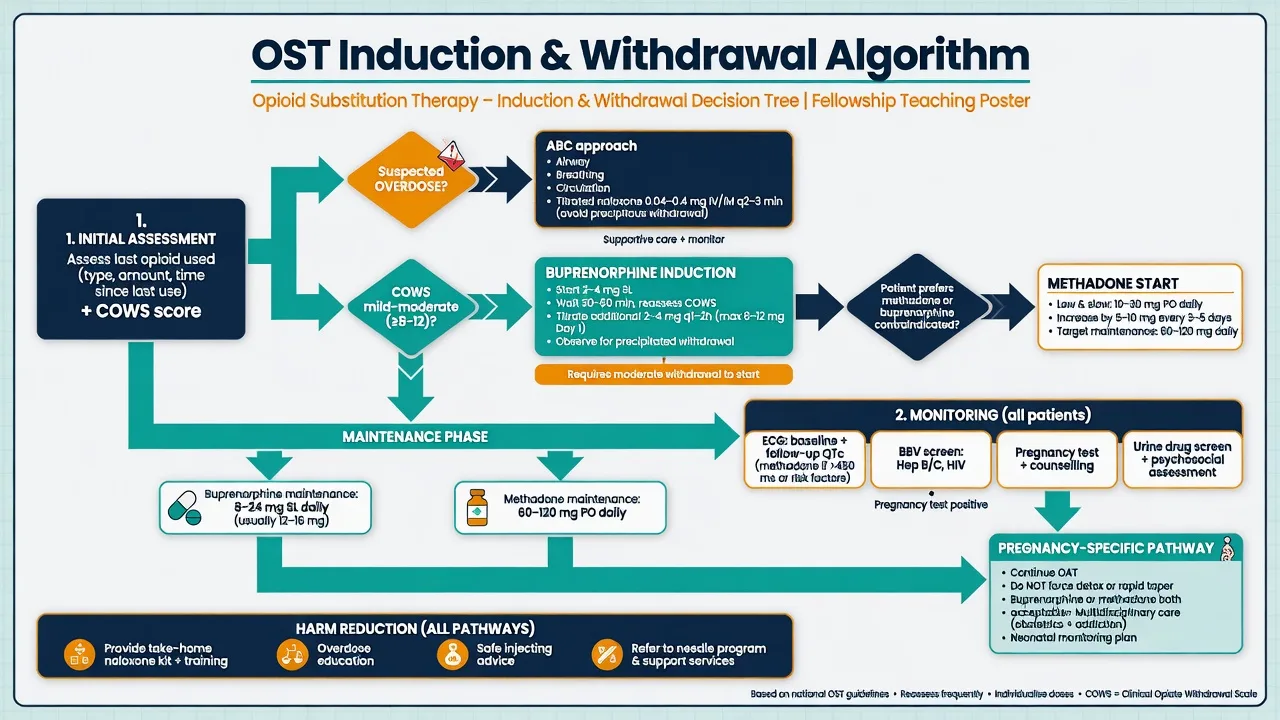 Algorithm for COWS-guided buprenorphine and low-slow methadone induction with monitoring