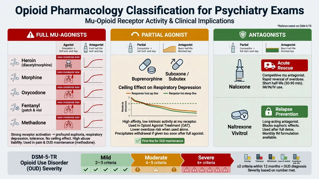 Classification of full mu-agonists, partial agonist buprenorphine, and antagonists naloxone naltrexone with OUD severity strip