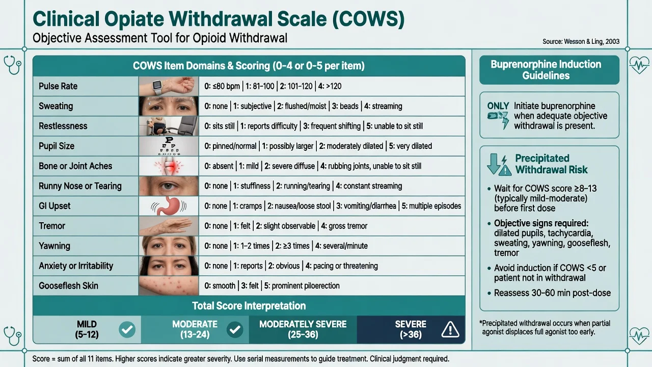 Clinical Opiate Withdrawal Scale item domains and severity bands with buprenorphine induction guidance
