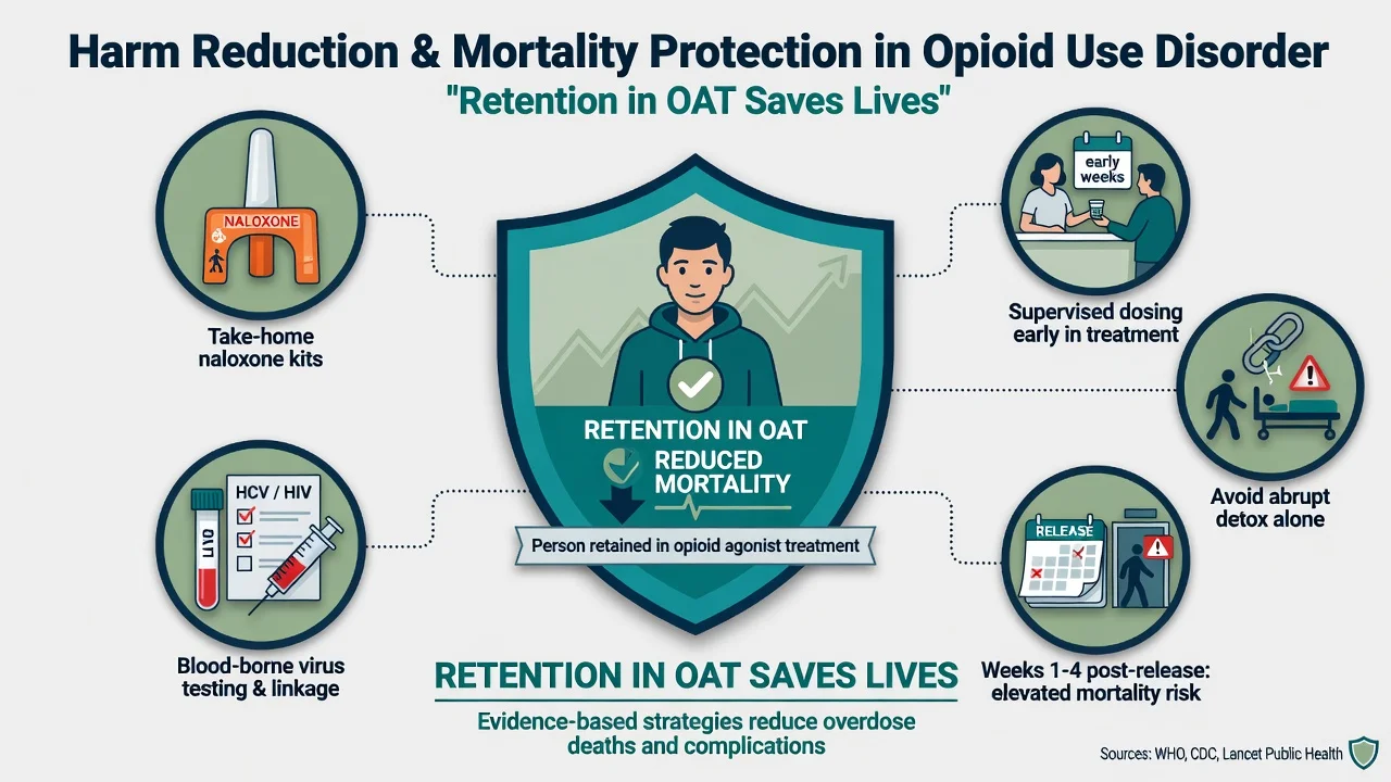 Retention in opioid agonist treatment reduces mortality with take-home naloxone and post-release risk icons