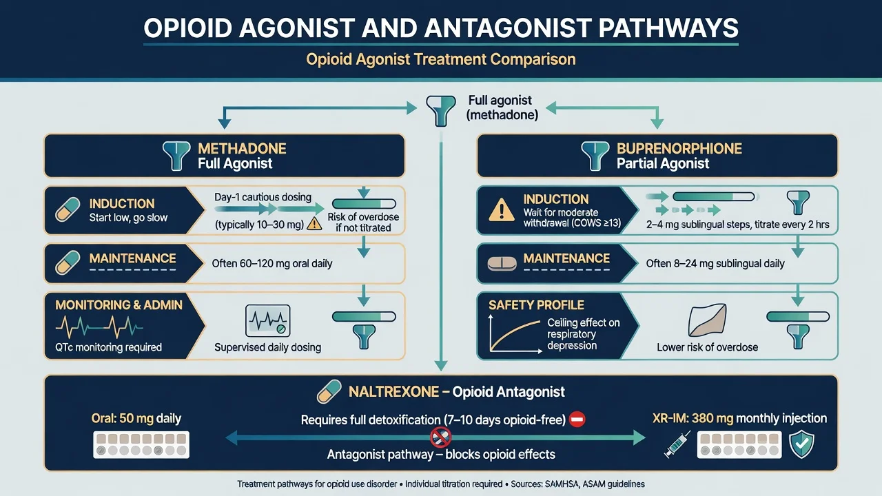 Methadone versus buprenorphine induction maintenance monitoring and naltrexone antagonist pathway