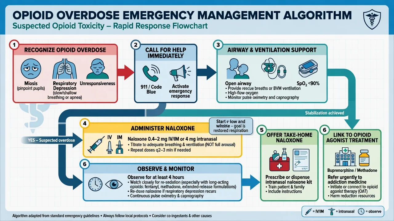 Opioid overdose algorithm from recognition through naloxone titration observation and linkage to OAT