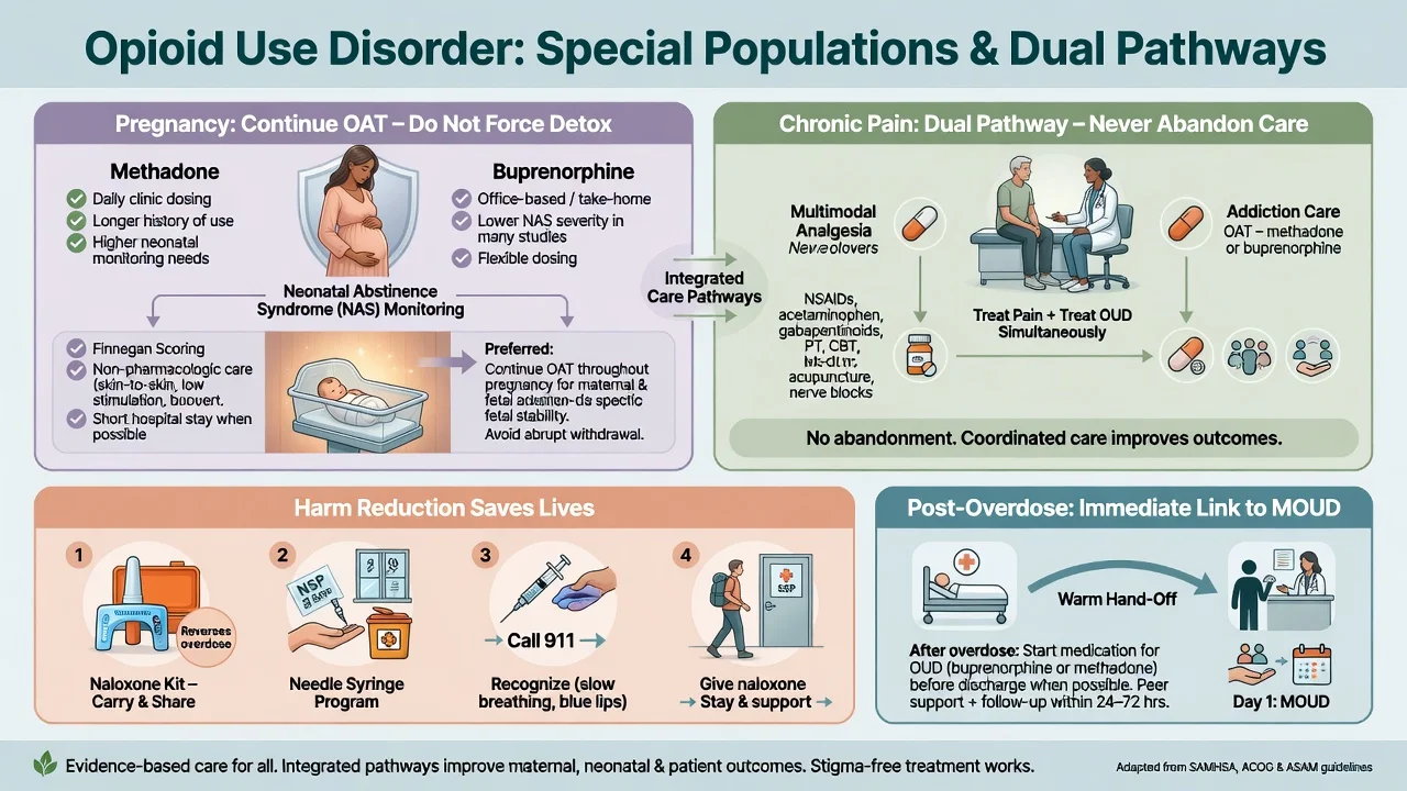 Pregnancy OAT and NAS, chronic pain dual pathway, harm reduction, and post-overdose MOUD linkage