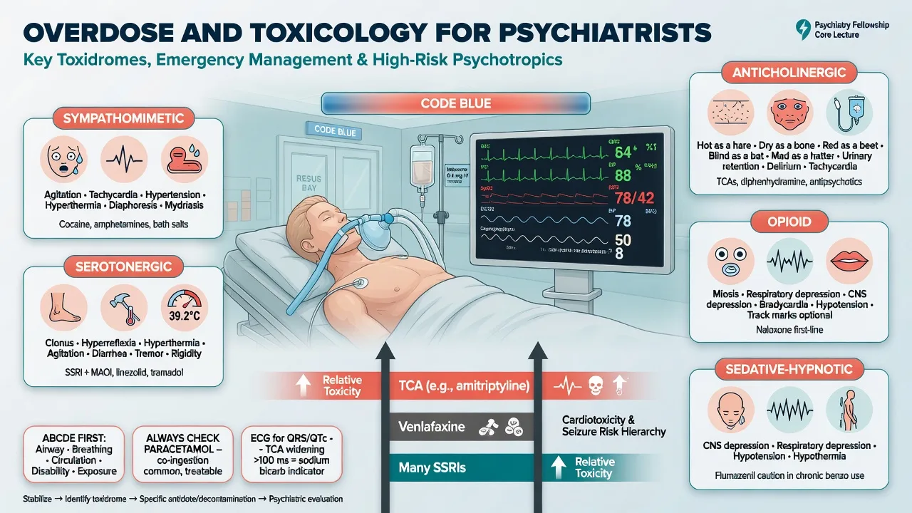 Six-card educational panel of key antidotes: sodium bicarbonate, N-acetylcysteine, naloxone, cyproheptadine, haemodialysis for lithium, L-carnitine for severe valproate, with flumazenil caution ribbon
