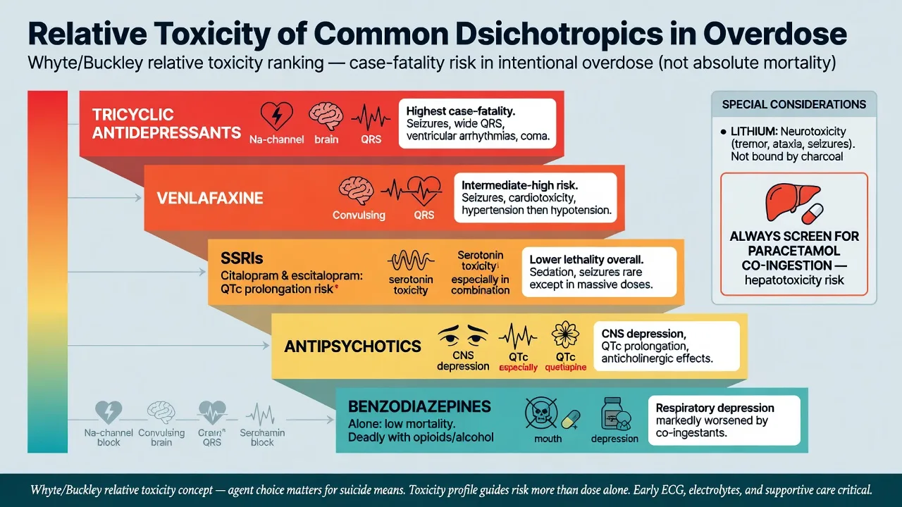 Six-panel toxidrome grid for psychiatrists: anticholinergic, opioid, sedative-hypnotic, sympathomimetic, serotonergic, and mixed or salicylate notes