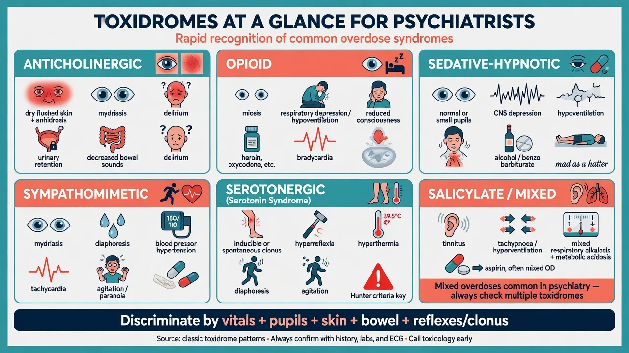 Flowchart of overdose management for psychiatry interface from ABCDE through ECG and paracetamol screening to antidotes and medical clearance with risk assessment