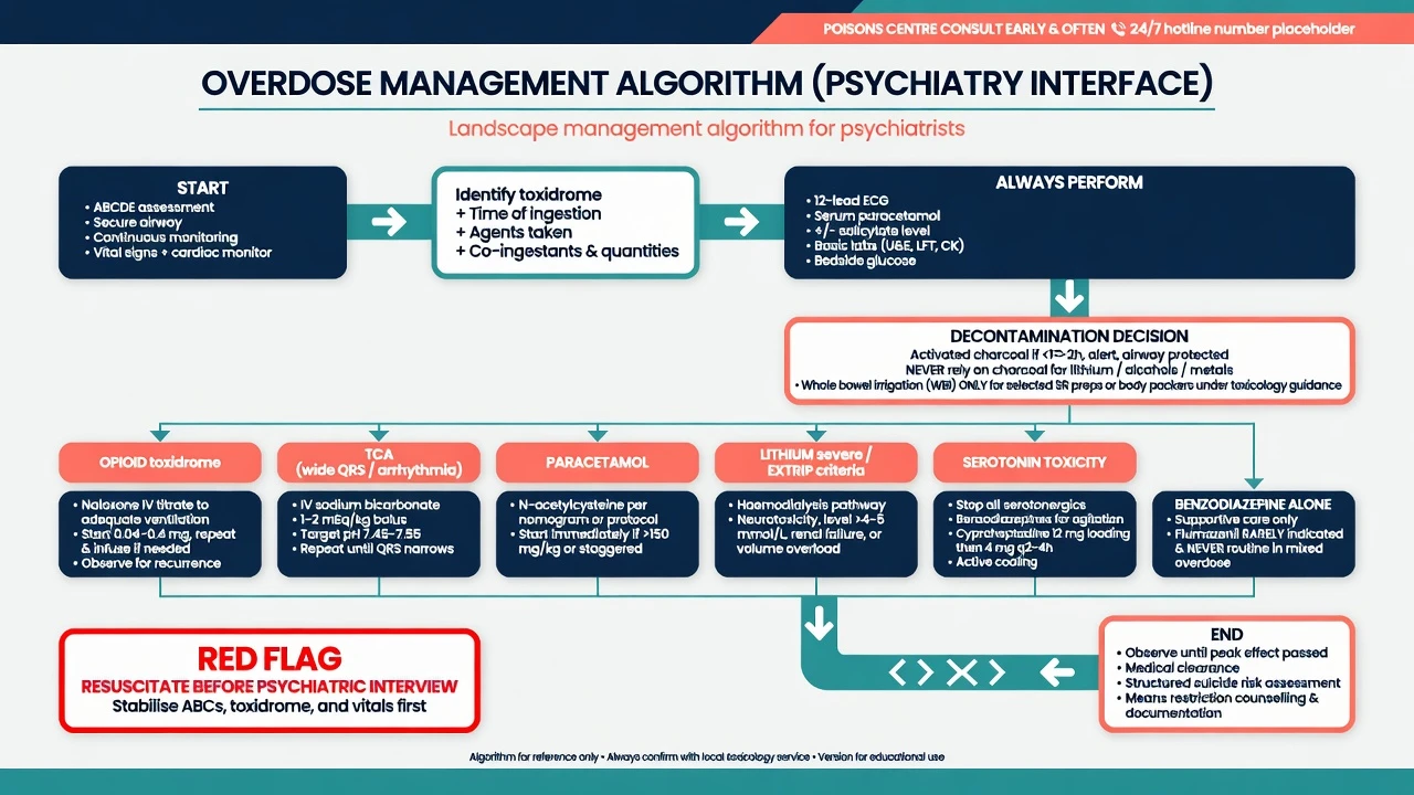 Relative toxicity ladder of psychotropics in overdose from TCA high risk through venlafaxine intermediate to many SSRIs lower lethality with mechanism icons