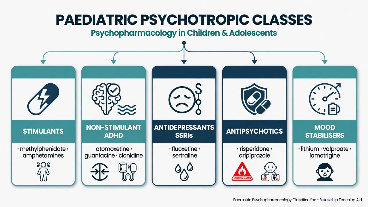Classification diagram of paediatric psychotropic classes including stimulants non-stimulants SSRIs antipsychotics and mood stabilisers