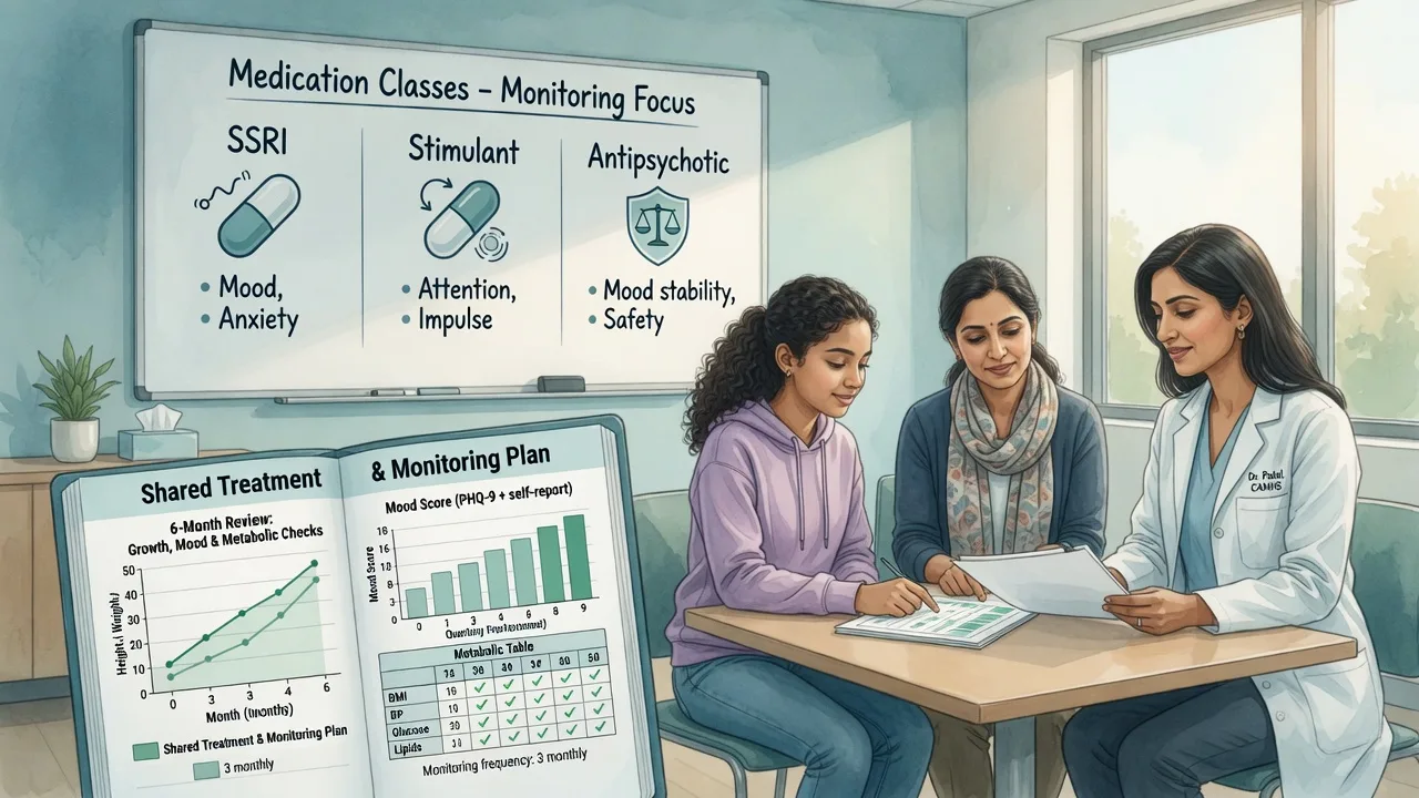 Educational illustration of adolescent, parent and psychiatrist reviewing a shared paediatric psychopharmacology monitoring plan