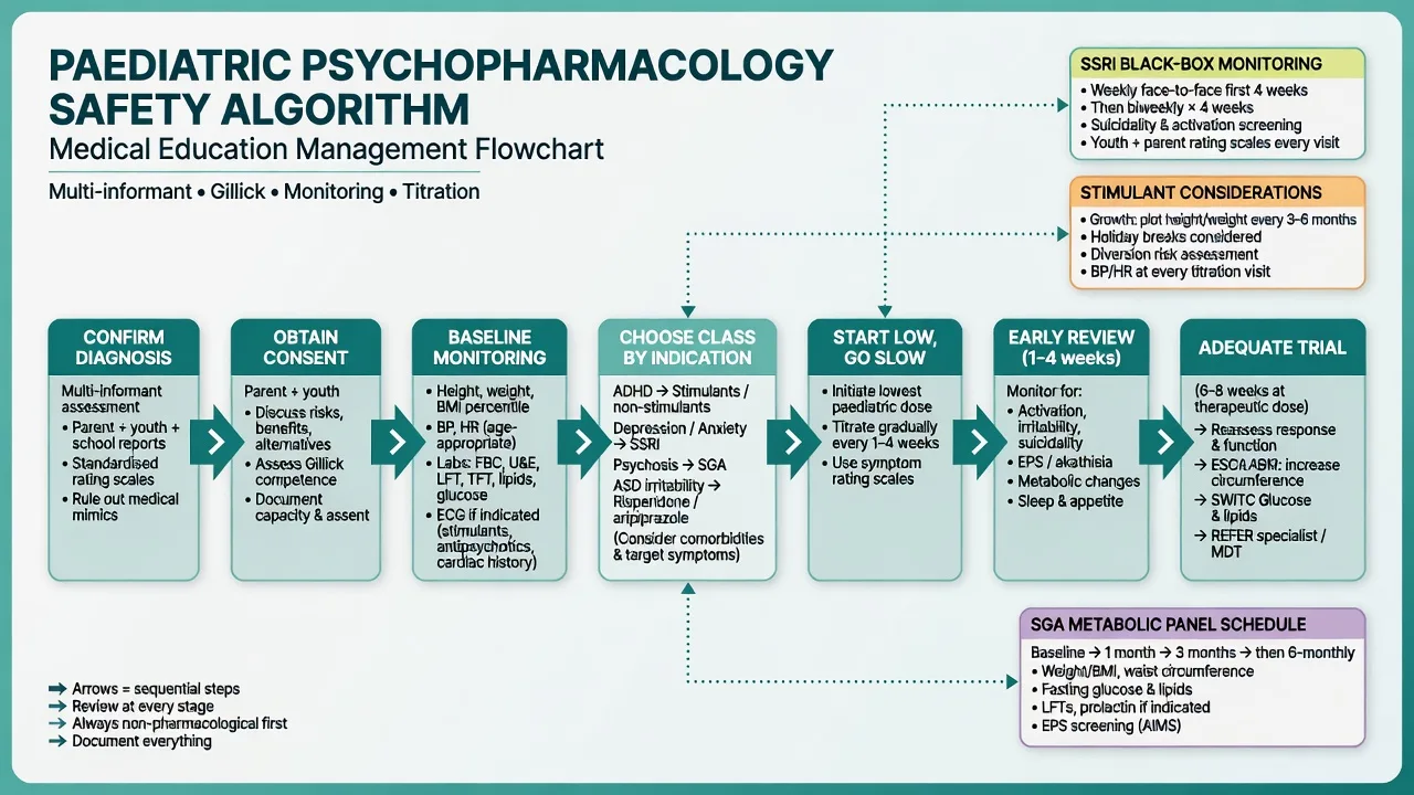 Stepped algorithm from diagnosis and consent through class choice titration early review and adequate trial in paediatric psychopharmacology