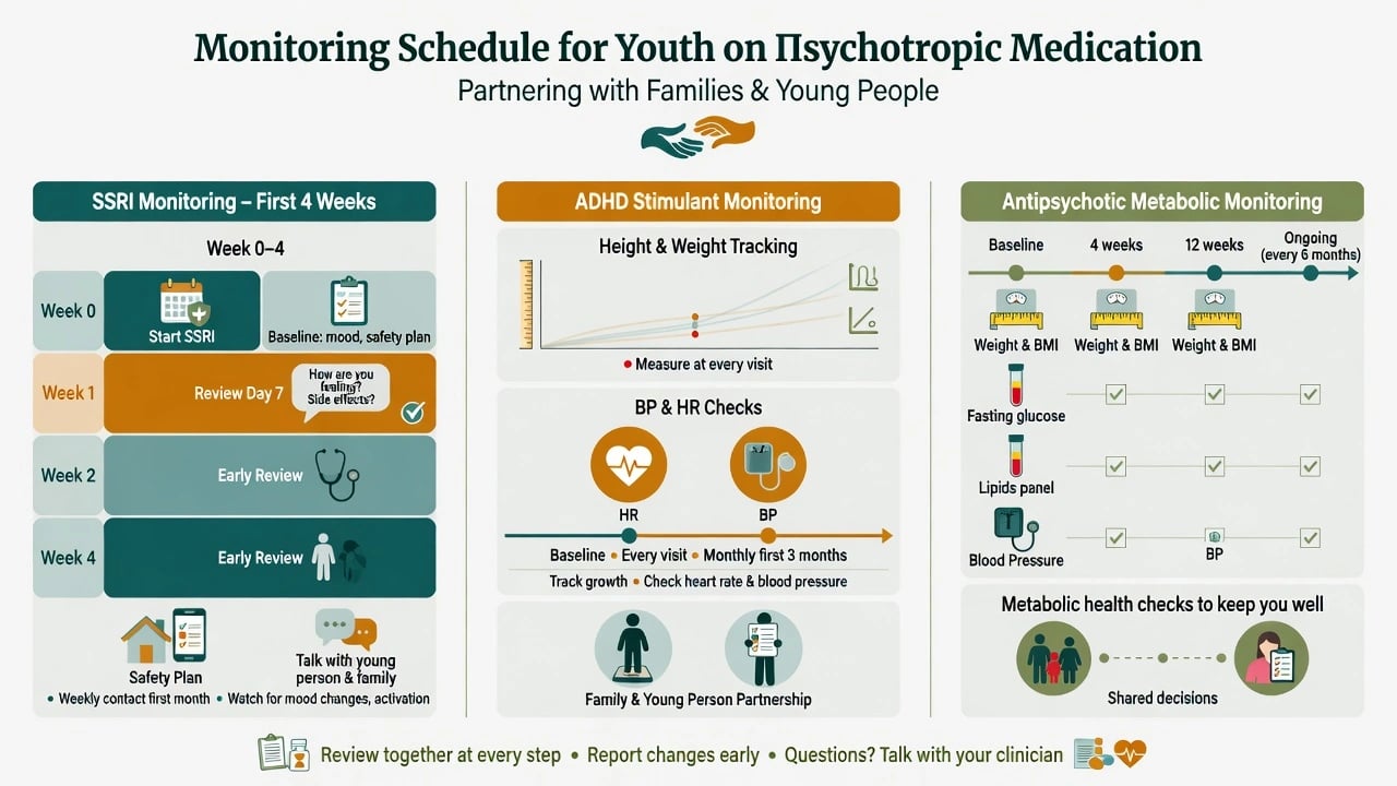 Three-column monitoring schedule for youth SSRIs stimulants and antipsychotics including early reviews growth and metabolic panels