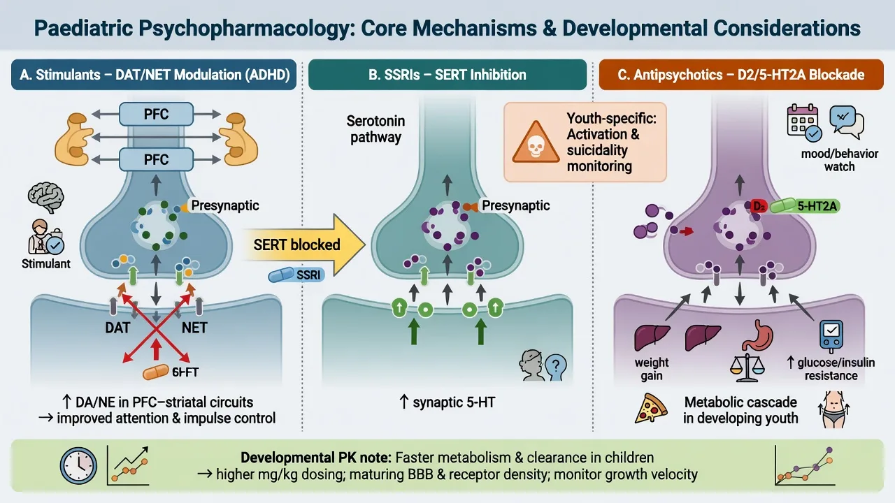 Mechanism diagram of stimulant DAT NET, SSRI SERT with activation monitoring, and antipsychotic D2 metabolic cascade in youth