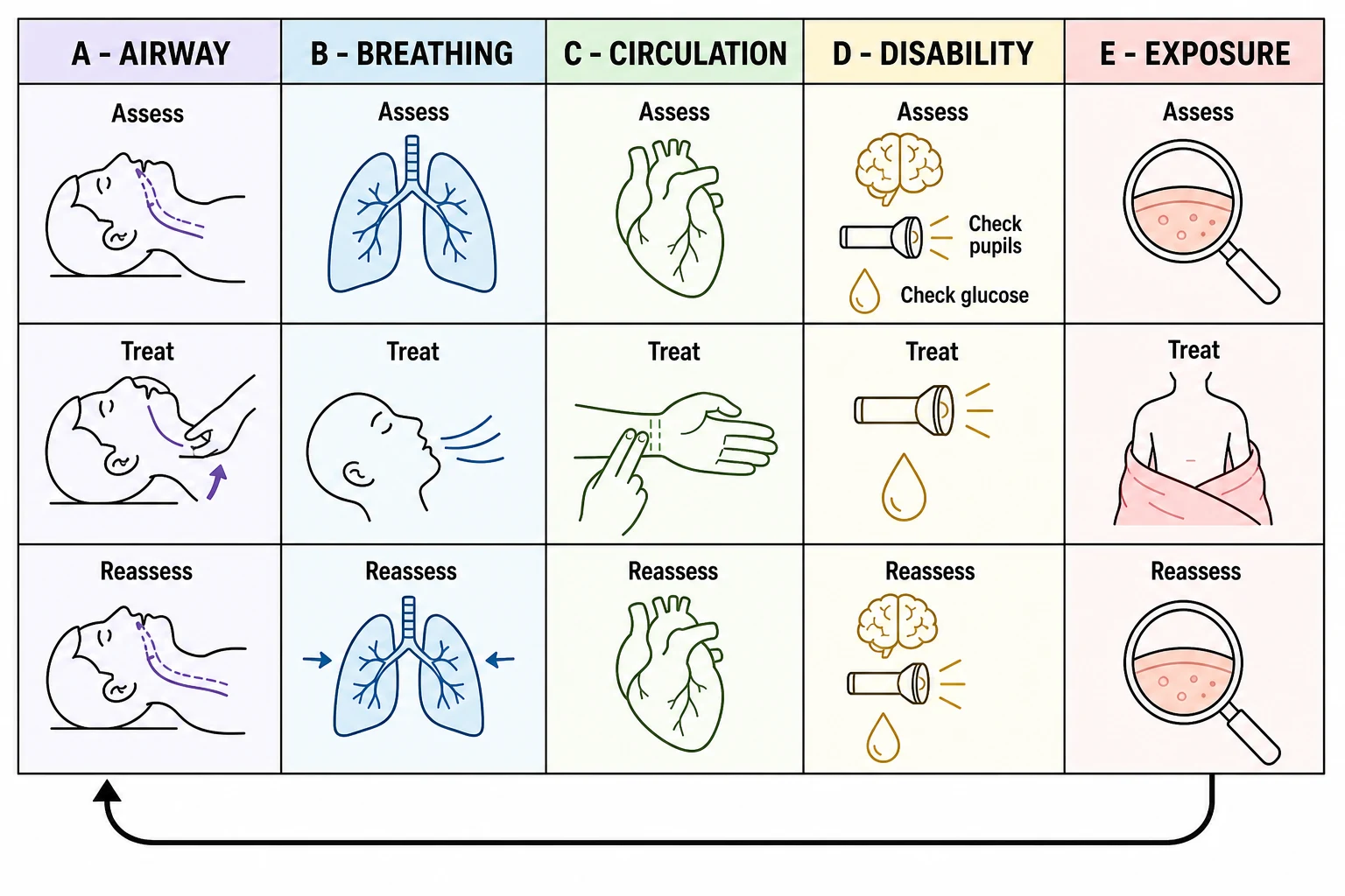 Reviewed educational schematic of the systematic ABCDE primary survey shown as five colour-coded columns for Airway, Breathing, Circulation, Disability and Exposure, each divided into Assess, Treat and Reassess rows, with a curved arrow looping back from E to A