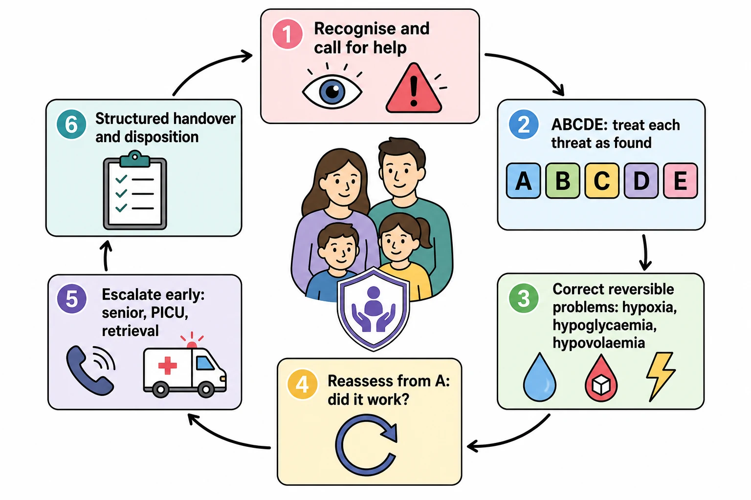 Reviewed educational schematic of the first-hour closed loop: recognise and call for help, ABCDE treating each threat as found, check reversible causes, reassess from A, escalate early to senior or PICU or retrieval, structured handover and disposition, with family communication and safeguarding at the centre