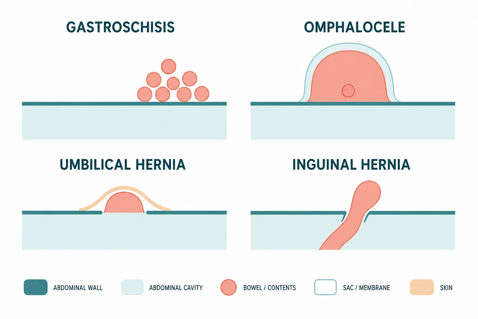Classification chart comparing four paediatric abdominal wall conditions as anatomical cross-section diagrams. Top left gastroschisis shows a right paraumbilical defect with bare eviscerated bowel loops and no covering sac and a normal cord insertion. Top right omphalocele shows a midline defect with contents covered by a three-layer translucent sac and the cord inserting on the sac. Bottom left umbilical hernia shows a protrusion through the umbilical ring covered by skin and peritoneum and fully reducible. Bottom right inguinal hernia shows a bulge in the groin from a patent processus vaginalis with bowel descending into the inguinal canal.
