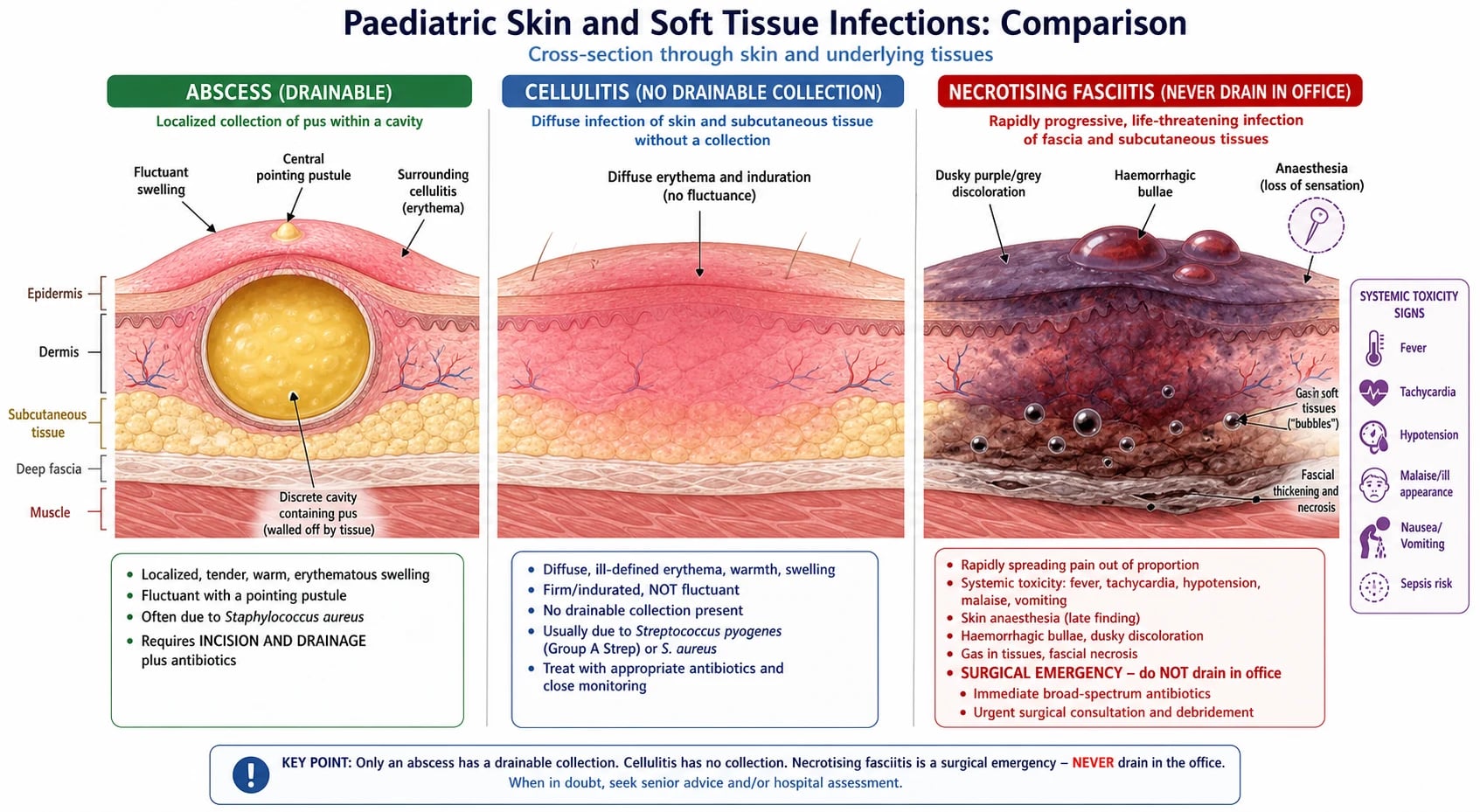 Annotated educational schematic comparing a drainable cutaneous abscess with surrounding cellulitis against diffuse cellulitis without a collection and against necrotising fasciitis with skin anaesthesia, grey discolouration and systemic toxicity