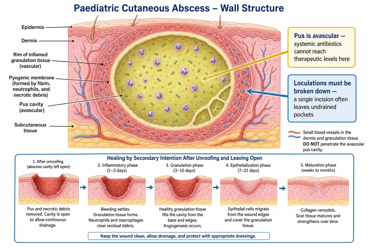Educational schematic cross-section of a paediatric cutaneous abscess showing the central avascular pus cavity walled off by a pyogenic membrane, with annotations that antibiotics cannot reach the cavity and that internal loculations must be broken down for complete drainage