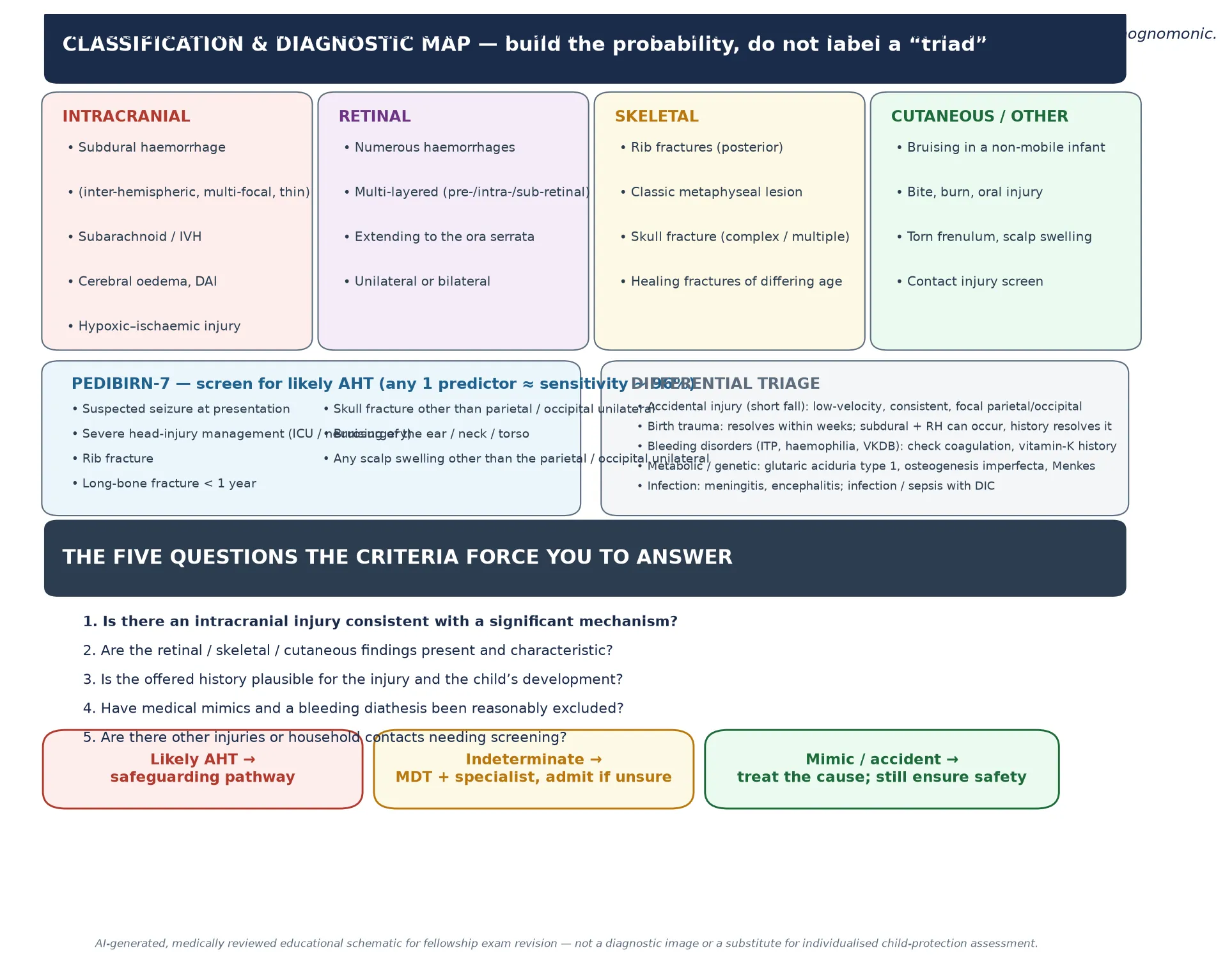 Educational schematic classifying abusive head trauma across intracranial, retinal, skeletal and cutaneous injury domains, with the PediBIRN-7 screening rule, a differential triage panel, five diagnostic questions and a likelihood decision strip