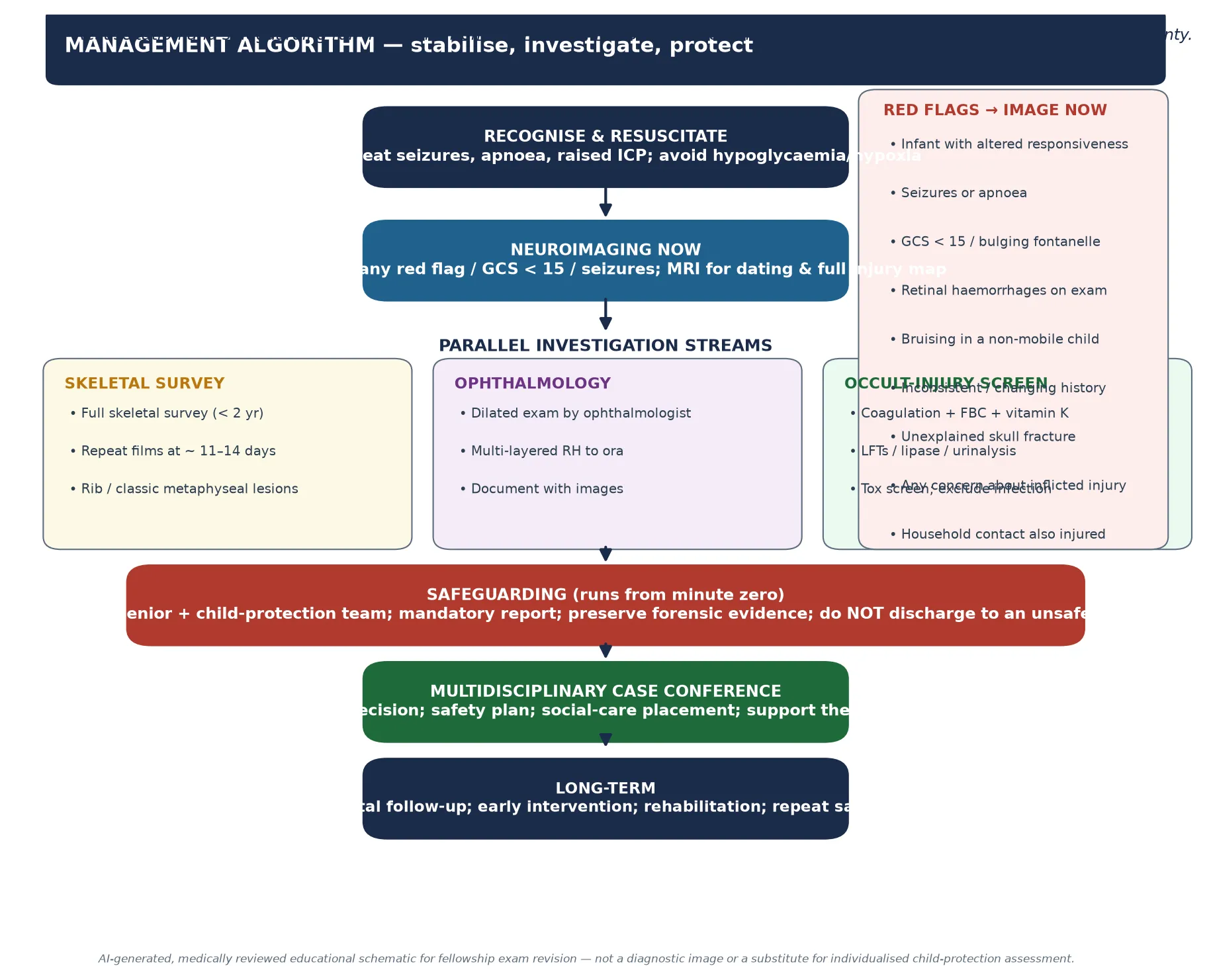 Educational management algorithm for abusive head trauma from recognition and resuscitation through neuroimaging, parallel investigation streams of skeletal survey, ophthalmology and occult-injury screen, safeguarding, multidisciplinary case conference and long-term follow-up, with a red-flag panel