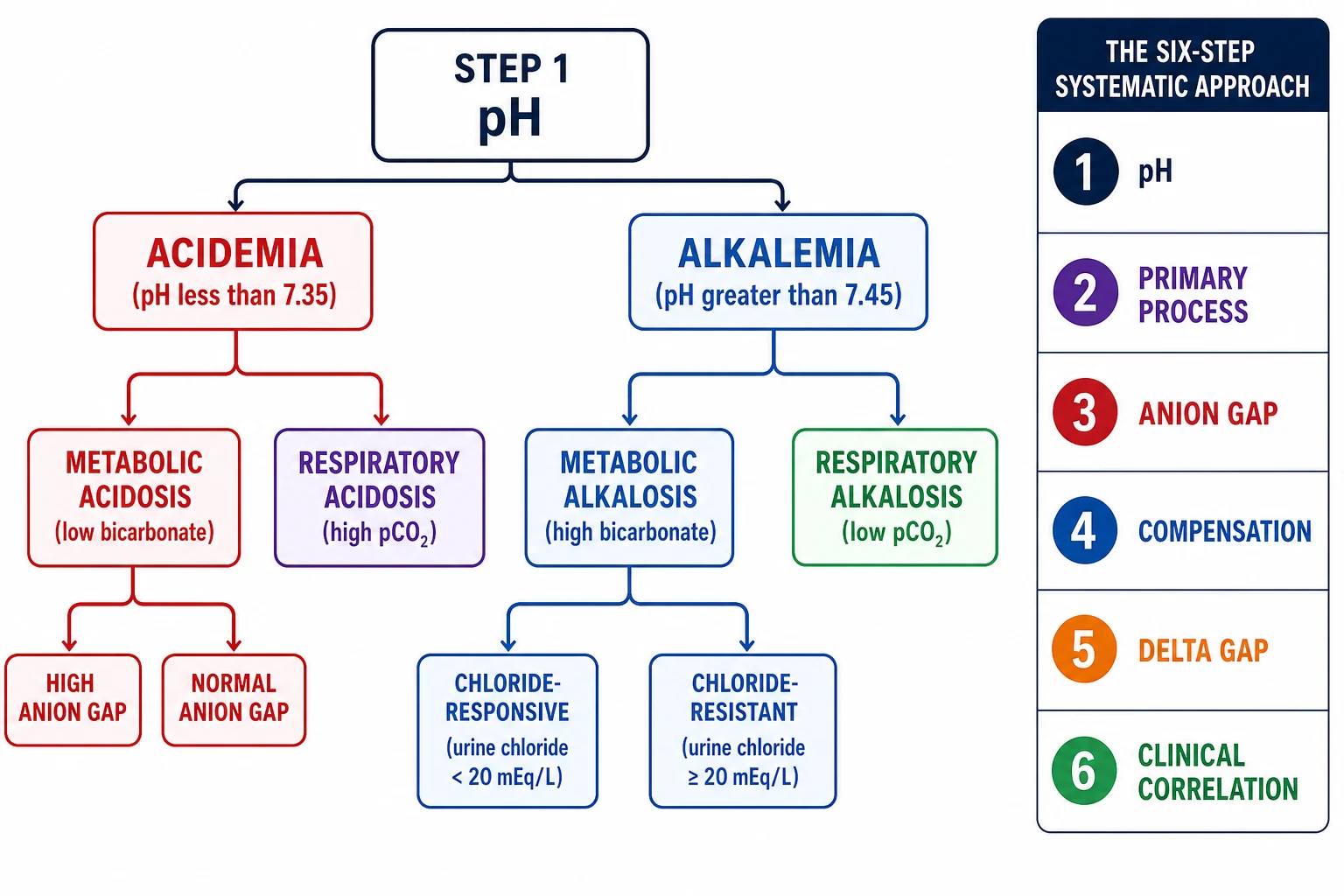 Classification flowchart of paediatric acid-base disorders. A white landscape diagram begins with a box labelled Step 1 pH branching into Acidemia pH below 7.35 in red on the left and Alkalemia pH above 7.45 in blue on the right. Under Acidemia two columns split into Metabolic Acidosis shown in red with low bicarbonate and sub-branches for high anion gap and normal anion gap, and Respiratory Acidosis shown in purple with high pCO2. Under Alkalemia two columns split into Metabolic Alkalosis shown in blue with high bicarbonate and sub-branches for chloride-responsive and chloride-resistant, and Respiratory Alkalosis shown in green with low pCO2. A vertical sidebar on the right lists the six-step systematic approach: 1 pH, 2 primary process, 3 anion gap, 4 compensation, 5 delta gap, 6 clinical correlation. Colour-coded, sharp sans-serif text, all spelling correct.