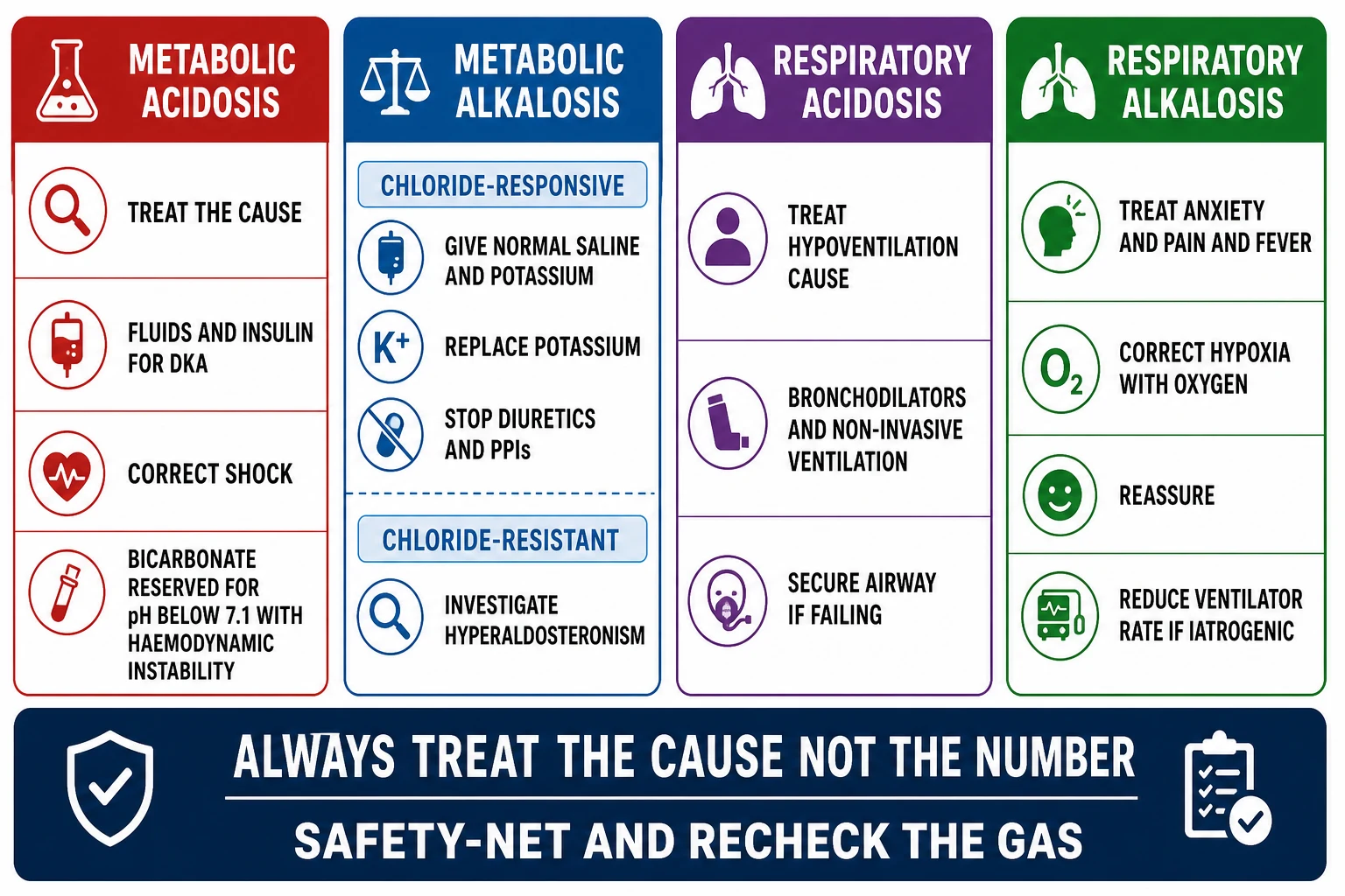 Management flowchart of paediatric acid-base disorders in four colour-coded columns on a white landscape background. Column one red Metabolic Acidosis lists treat the cause, fluids and insulin for DKA, correct shock, bicarbonate reserved for pH below 7.1 with instability. Column two blue Metabolic Alkalosis lists chloride-responsive give normal saline and potassium, stop diuretics and PPI, chloride-resistant investigate hyperaldosteronism. Column three purple Respiratory Acidosis lists treat hypoventilation cause, bronchodilators and non-invasive ventilation, secure airway if failing. Column four green Respiratory Alkalosis lists treat anxiety pain and fever, correct hypoxia with oxygen, reassure, reduce ventilator rate if iatrogenic. A shared bottom banner reads always treat the cause not the number and safety-net and recheck the gas. Sharp sans-serif text, all spelling correct.