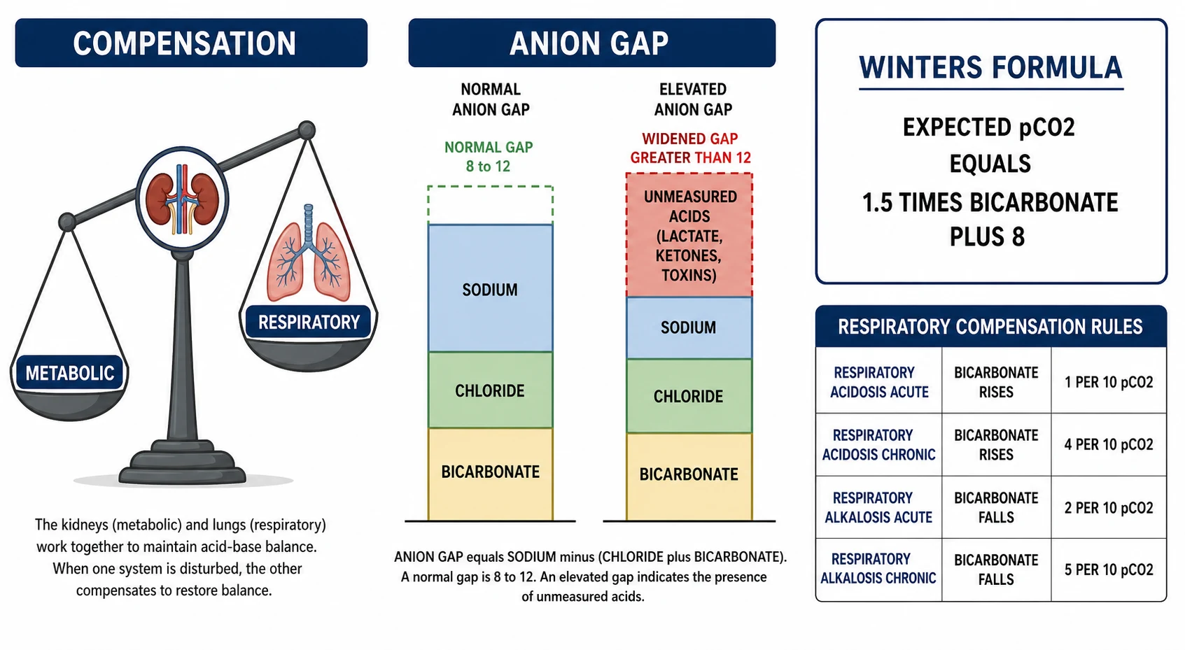 Mechanism diagram of acid-base compensation and the anion gap, white landscape background. Left panel shows a balance scale tipped by a kidney emblem on one side labelled metabolic controlling bicarbonate and a lung emblem on the other side labelled respiratory controlling pCO2, captioned metabolic and respiratory compensation. Centre panel shows the anion gap as a vertical bar with sodium as measured cations on top and chloride plus bicarbonate as measured anions below, leaving a normal gap of 8 to 12, beside a widened high anion gap where unmeasured acids lactate ketones toxins fill the extra space in red. Right panel shows a formula card reading Winters formula expected pCO2 equals 1.5 times HCO3 plus 8 plus or minus 2, and a small table of respiratory compensation rules. Sharp sans-serif text, all spelling correct, colour-coded.