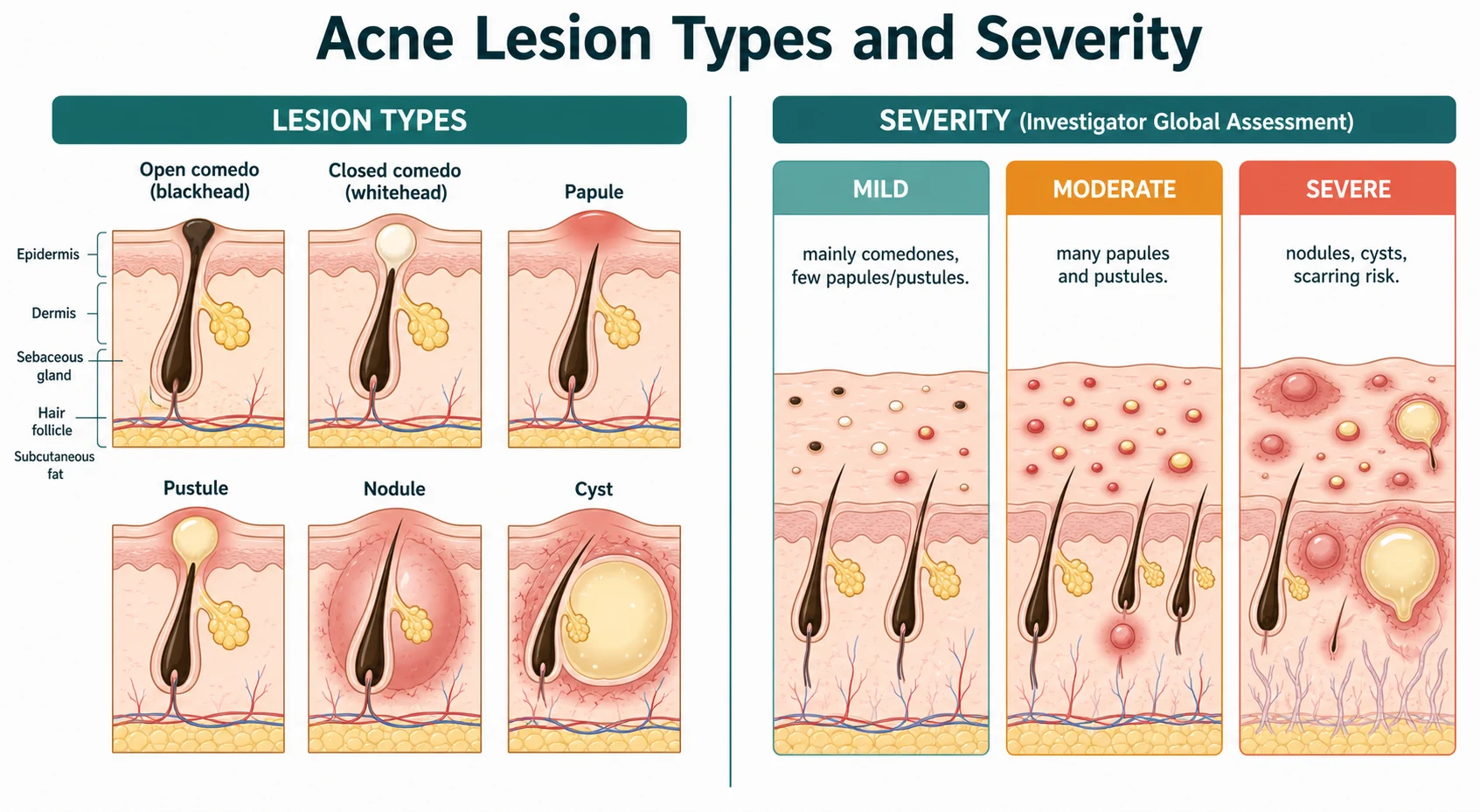 An educational schematic titled Acne Lesion Types and Severity. Left panel labelled Lesion Types shows six labelled cross-section schematics of a pilosebaceous unit: open comedo or blackhead with a dark plug, closed comedo or whitehead with a pale sub-surface plug, papule as a solid red bump, pustule with a yellow-white pus centre, nodule as a deeper solid lump into the dermis, and cyst as a deep fluid-filled cavity. Right panel labelled Severity with three columns: Mild with mainly comedones and few papules, Moderate with many papules and pustules, and Severe with nodules, cysts, and scarring risk.