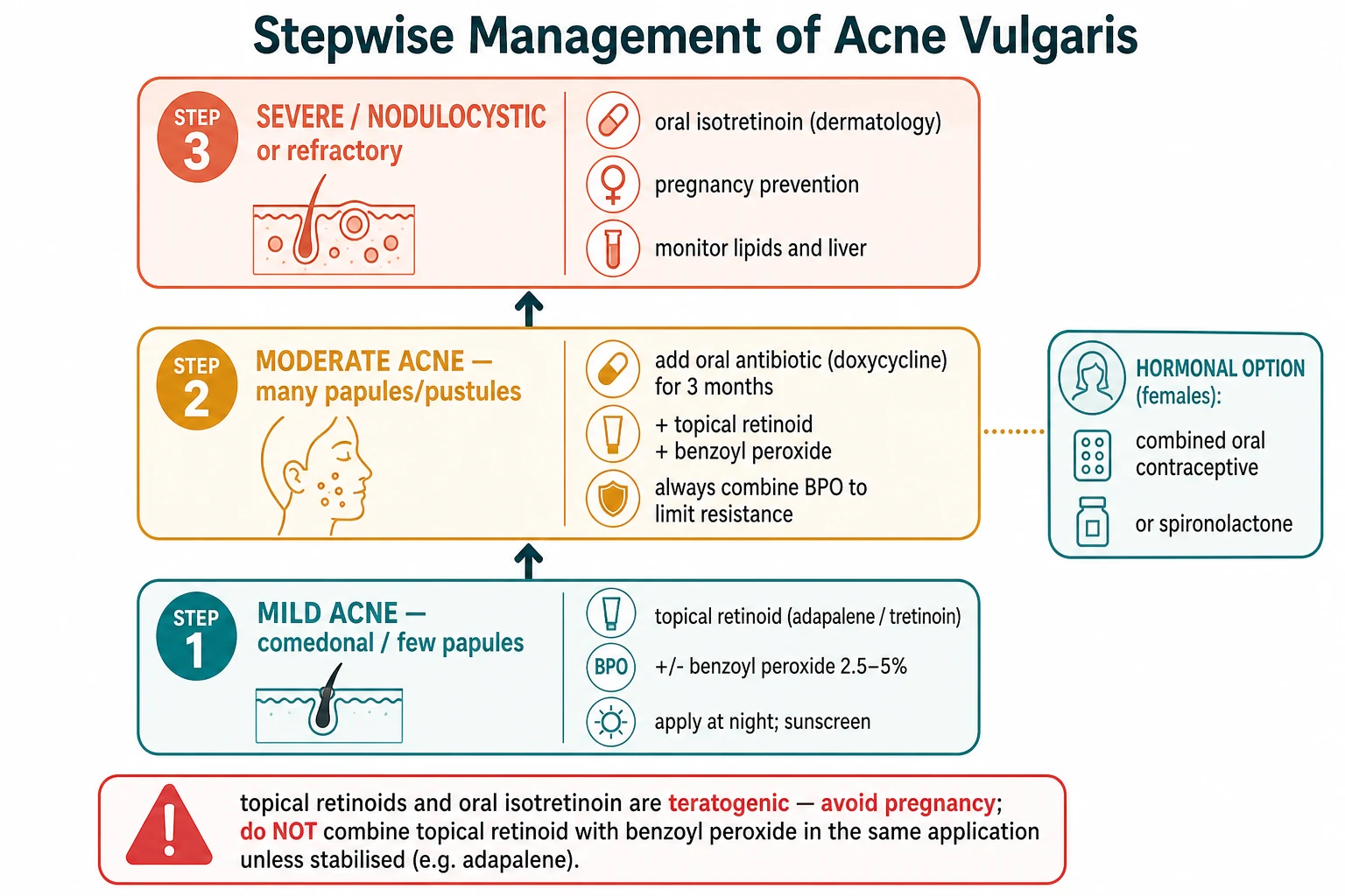 An educational flowchart titled Stepwise Management of Acne Vulgaris. Three ascending boxes: Step one mild acne with comedones and few papules treated with the topical retinoid such as adapalene or tretinoin plus or minus benzoyl peroxide 2.5 to 5 per cent applied at night with sunscreen; Step two moderate acne with many papules and pustules treated by adding the oral antibiotic doxycycline for three months with the topical retinoid and benzoyl peroxide and always combining the benzoyl peroxide to limit resistance; Step three severe nodulocystic or refractory acne treated with the oral isotretinoin under dermatology with pregnancy prevention and lipid and liver monitoring. A side box for the hormonal option in females with the combined oral contraceptive or the spironolactone. A warning that the topical retinoids and the oral isotretinoin are teratogenic.