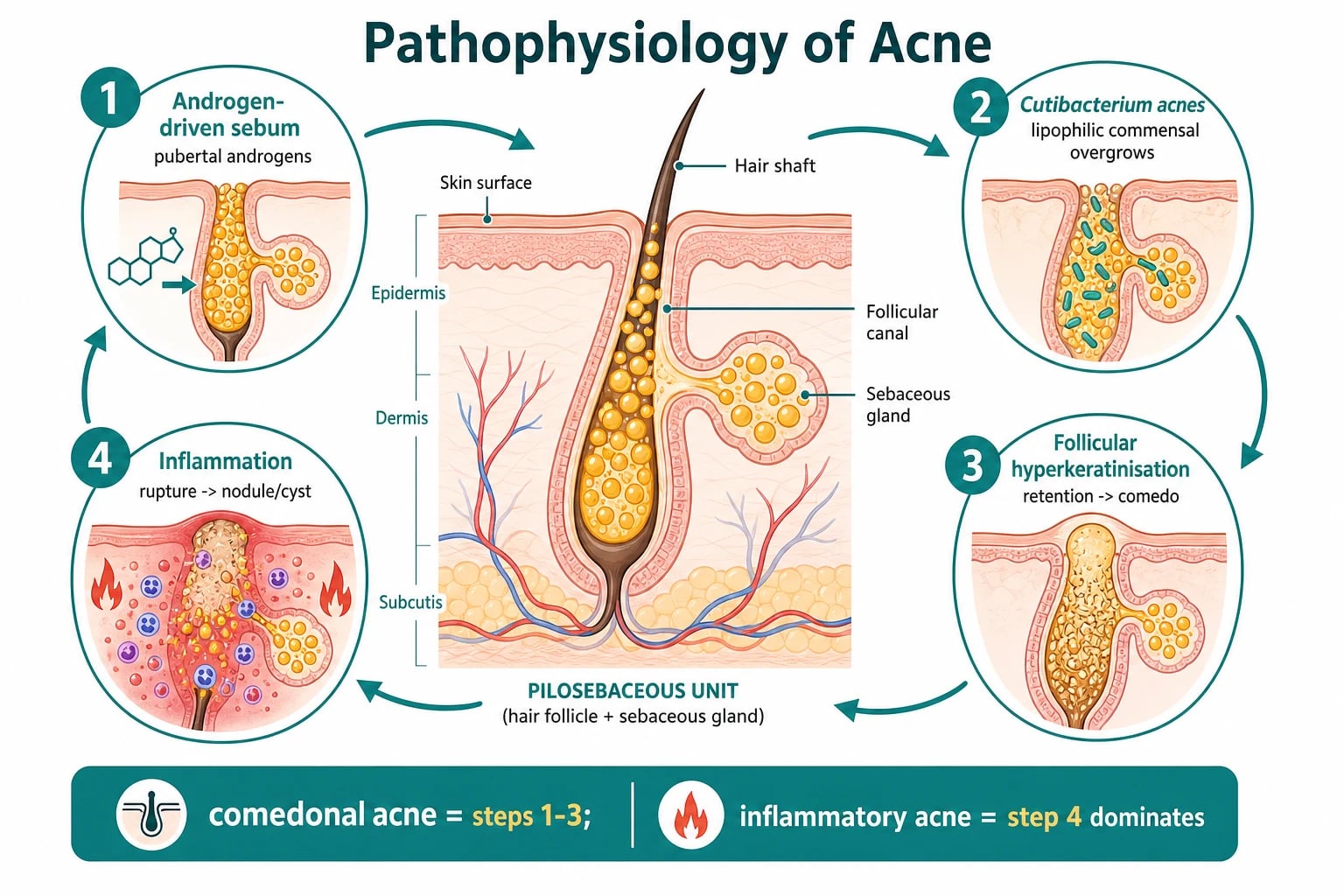 An educational schematic titled Pathophysiology of Acne. A central cross-section of a pilosebaceous unit showing the skin surface, epidermis, dermis, subcutis, hair shaft, follicular canal, and sebaceous gland. Four numbered step badges connected by arrows: step one androgen-driven sebum with pubertal androgens filling the follicle; step two Cutibacterium acnes as a lipophilic commensal that overgrows; step three follicular hyperkeratinisation with retention forming the comedo; step four inflammation with rupture forming the nodule or cyst. Footer reads comedonal acne equals steps one to three and inflammatory acne equals step four.