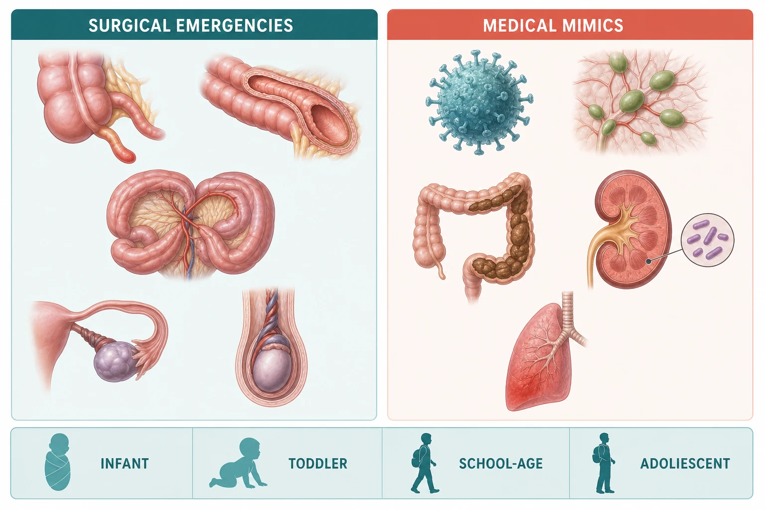 Classification diagram splitting acute abdominal pain into surgical emergencies (appendicitis, intussusception, malrotation with volvulus, ovarian and testicular torsion) and medical causes (gastroenteritis, mesenteric adenitis, constipation, urinary tract infection, lower-lobe pneumonia), arranged across age bands from infant to adolescent.