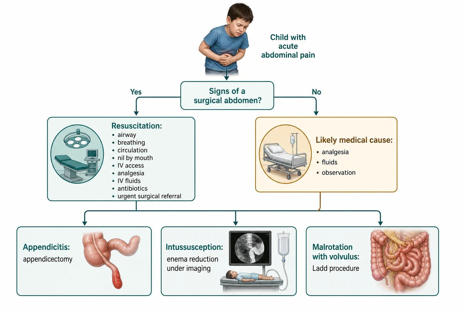 Management algorithm beginning with a child who has acute abdominal pain, branching on signs of a surgical abdomen toward resuscitation and urgent surgical referral, and on a likely medical cause toward analgesia, fluids and observation, with pathways for appendicectomy in appendicitis, enema reduction of intussusception, and the Ladd procedure for malrotation.