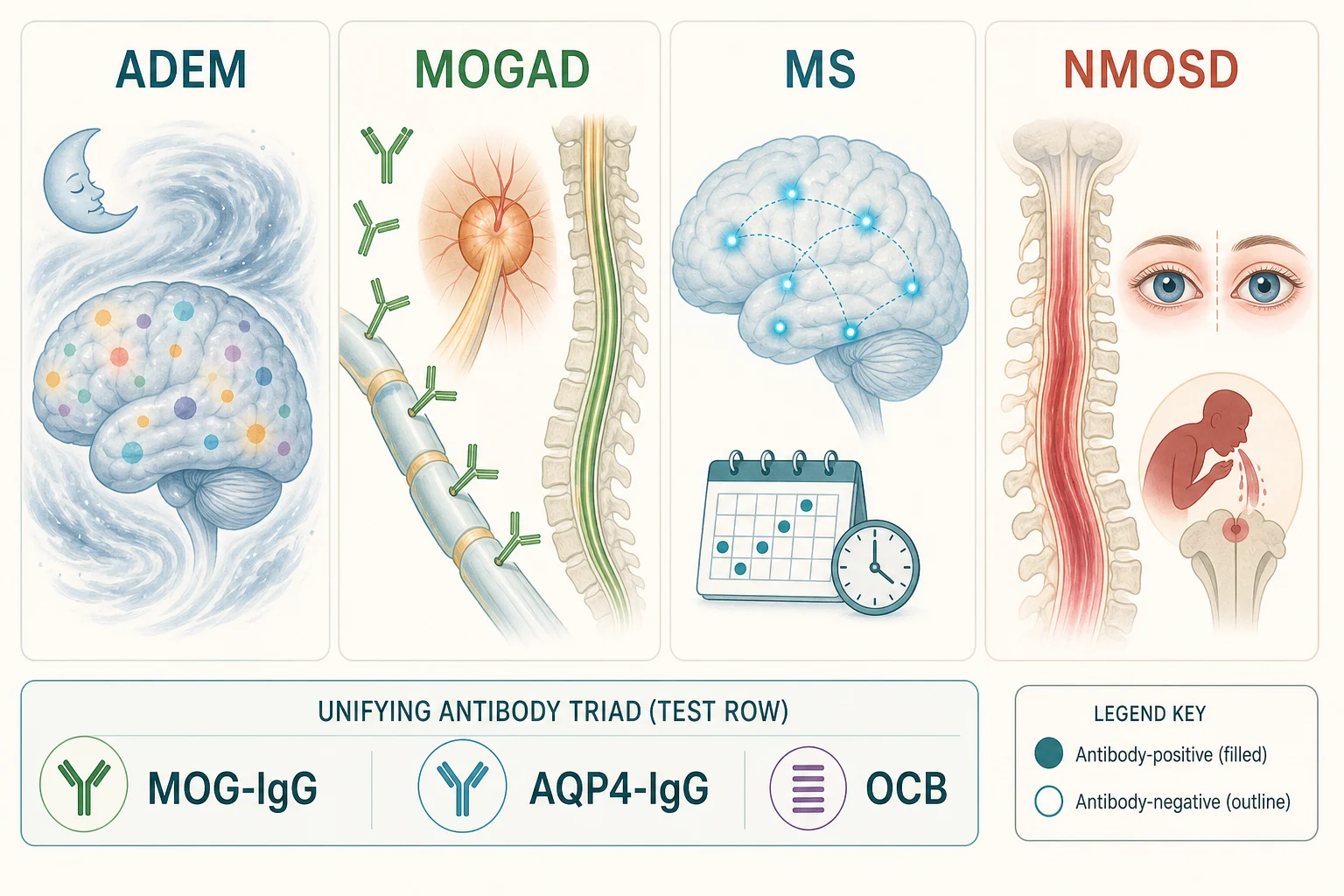 Four labelled columns representing the acquired demyelinating syndromes of childhood - ADEM shown as a swirling storm around a drowsy brain, MOGAD shown as Y-shaped antibodies on a nerve fibre beside a swollen optic disc, multiple sclerosis shown as scattered bright droplets across a brain with a calendar-clock motif for dissemination in time, and neuromyelitis optica spectrum disorder shown as a long spinal-cord waterfall beside bilateral eyes and an area-postrema vomiting glyph - above a lower band of the unifying antibody triad test row of MOG-IgG, AQP4-IgG, and oligoclonal bands, with a legend distinguishing antibody-positive from antibody-negative disorders