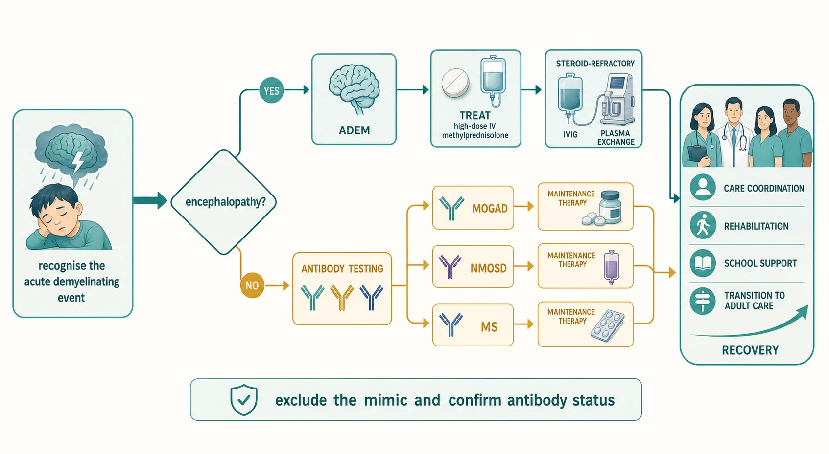 A stepwise management algorithm from recognising the acute demyelinating event through an encephalopathy decision diamond that splits into an ADEM track treated with corticosteroids then intravenous immunoglobulin or plasma exchange if refractory, and a non-encephalopathic track through a MOG-AQP4-oligoclonal-band antibody box that branches into MOGAD, NMOSD, and multiple sclerosis, each with its matched maintenance-therapy icon, all converging on a multidisciplinary care team panel with rehabilitation, school support, and an upward recovery arrow, with a bottom banner to exclude the mimic and confirm antibody status before long-term therapy