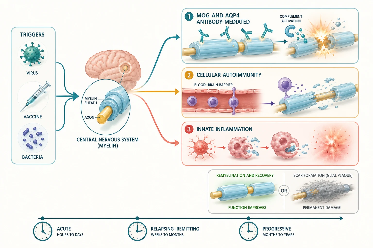 A left-to-right pathophysiology cascade from a trigger cluster of virus, vaccine, and bacteria icons through a central brain-myelin motif of fibre strands around an axon, fanning into three labelled mechanism vignettes - antibody-mediated complement attack with Y-shaped antibodies binding myelin and aquaporin-4, T-cell-driven cellular autoimmunity crossing the blood-brain barrier to strip myelin, and innate macrophage inflammation engulfing myelin debris - with two contrasting outcome insets of a green remyelinating nerve and a grey scarred plaque, and a bottom tempo timeline of acute, relapsing-remitting, and progressive clocks