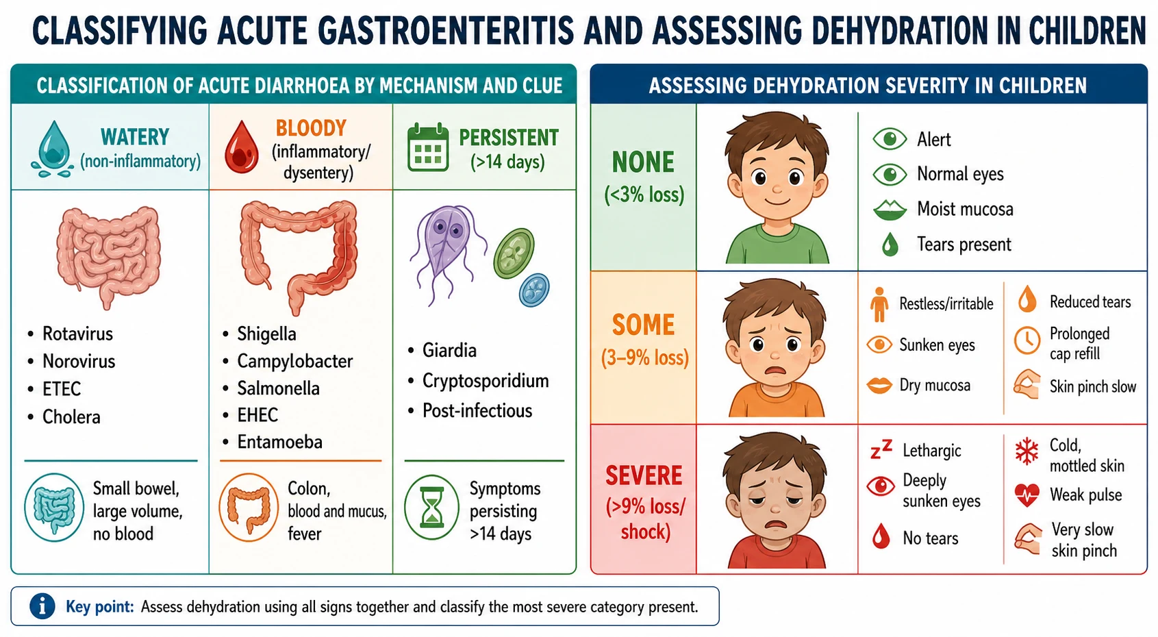 A two-part classification diagram. The left panel sorts infectious diarrhoea into three columns: watery non-inflammatory diarrhoea from rotavirus, norovirus, enterotoxigenic Escherichia coli and cholera, arising in the small bowel with large volume and no blood; bloody inflammatory or dysenteric diarrhoea from Shigella, Campylobacter, Salmonella, enterohaemorrhagic Escherichia coli and Entamoeba, arising in the colon with blood, mucus and fever; and persistent diarrhoea beyond fourteen days from Giardia, Cryptosporidium or post-infectious causes. The right panel is a clinical dehydration severity chart with three rows and child faces: no dehydration below three percent loss with an alert child, moist mucosa and tears; some dehydration at three to nine percent with a restless irritable child, sunken eyes, dry mucosa, reduced tears, prolonged capillary refill and a slow skin pinch; and severe dehydration above nine percent or shock with a lethargic child, deeply sunken eyes, no tears, cold mottled skin, weak pulse and a very slow skin pinch.