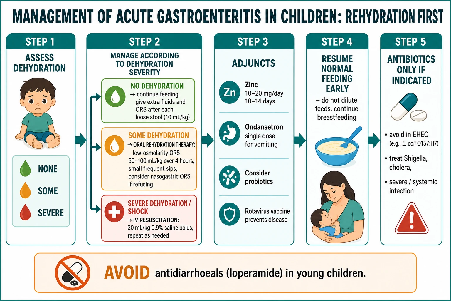 A five-step management pathway for paediatric acute gastroenteritis. Step one, assess dehydration as none, some or severe. Step two, manage by severity: no dehydration means continue feeding and give extra fluids plus oral rehydration solution at ten millilitres per kilogram after each loose stool; some dehydration means oral rehydration therapy with low-osmolarity oral rehydration solution at fifty to one hundred millilitres per kilogram over four hours as small frequent sips, using nasogastric oral rehydration solution if the child refuses; severe dehydration or shock means intravenous resuscitation with a twenty millilitres per kilogram bolus of 0.9 percent saline, repeated as needed. Step three, adjuncts: zinc ten to twenty milligrams per day for ten to fourteen days, a single dose of ondansetron for vomiting, consider probiotics, and rotavirus vaccine to prevent disease. Step four, resume normal feeding early without diluting feeds and continue breastfeeding. Step five, antibiotics only if indicated, avoided in enterohaemorrhagic Escherichia coli and used for shigella, cholera and severe or systemic infection. A footer warns against antidiarrhoeals such as loperamide in young children.