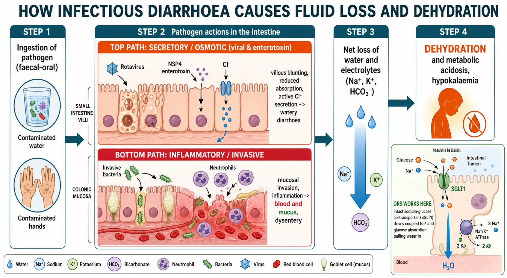 A left-to-right causal chain for infectious diarrhoea. A pathogen is ingested by the faecal-oral route from contaminated water or hands, then acts in the intestine by one of two mechanisms. In the secretory or osmotic path, viruses such as rotavirus and enterotoxins such as NSP4 damage small-bowel enterocytes, causing villous blunting, reduced absorption and active chloride secretion that produce watery diarrhoea. In the inflammatory or invasive path, bacteria invade the colonic mucosa and recruit neutrophils, causing inflammation with blood and mucus, that is, dysentery. Both paths cause a net loss of water and electrolytes (sodium, potassium and bicarbonate), leading to dehydration with metabolic acidosis and hypokalaemia. An inset shows that oral rehydration solution works because the intact sodium-glucose co-transporter SGLT1 drives coupled sodium and glucose absorption across the enterocyte, pulling water in with it.