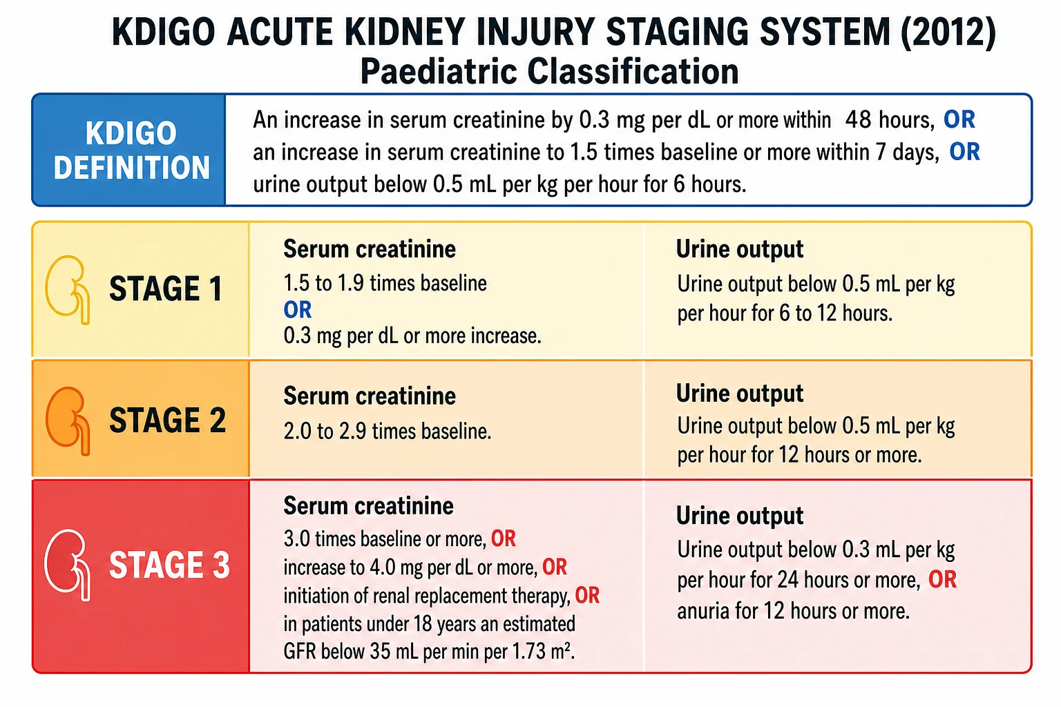 The KDIGO 2012 acute kidney injury staging system shown as a colour-graded infographic with the definition at the top and three severity rows: Stage 1 in yellow with creatinine 1.5 to 1.9 times baseline or a 0.3 mg per dL rise and urine output below 0.5 mL per kg per hour for 6 to 12 hours, Stage 2 in orange with creatinine 2.0 to 2.9 times baseline and urine output below 0.5 mL per kg per hour for 12 hours or more, and Stage 3 in red with creatinine 3.0 times baseline or more, or 4.0 mg per dL or more, or initiation of renal replacement therapy, or in under-18s an estimated GFR below 35 mL per min per 1.73 m2, and urine output below 0.3 mL per kg per hour for 24 hours or more or anuria for 12 hours or more.