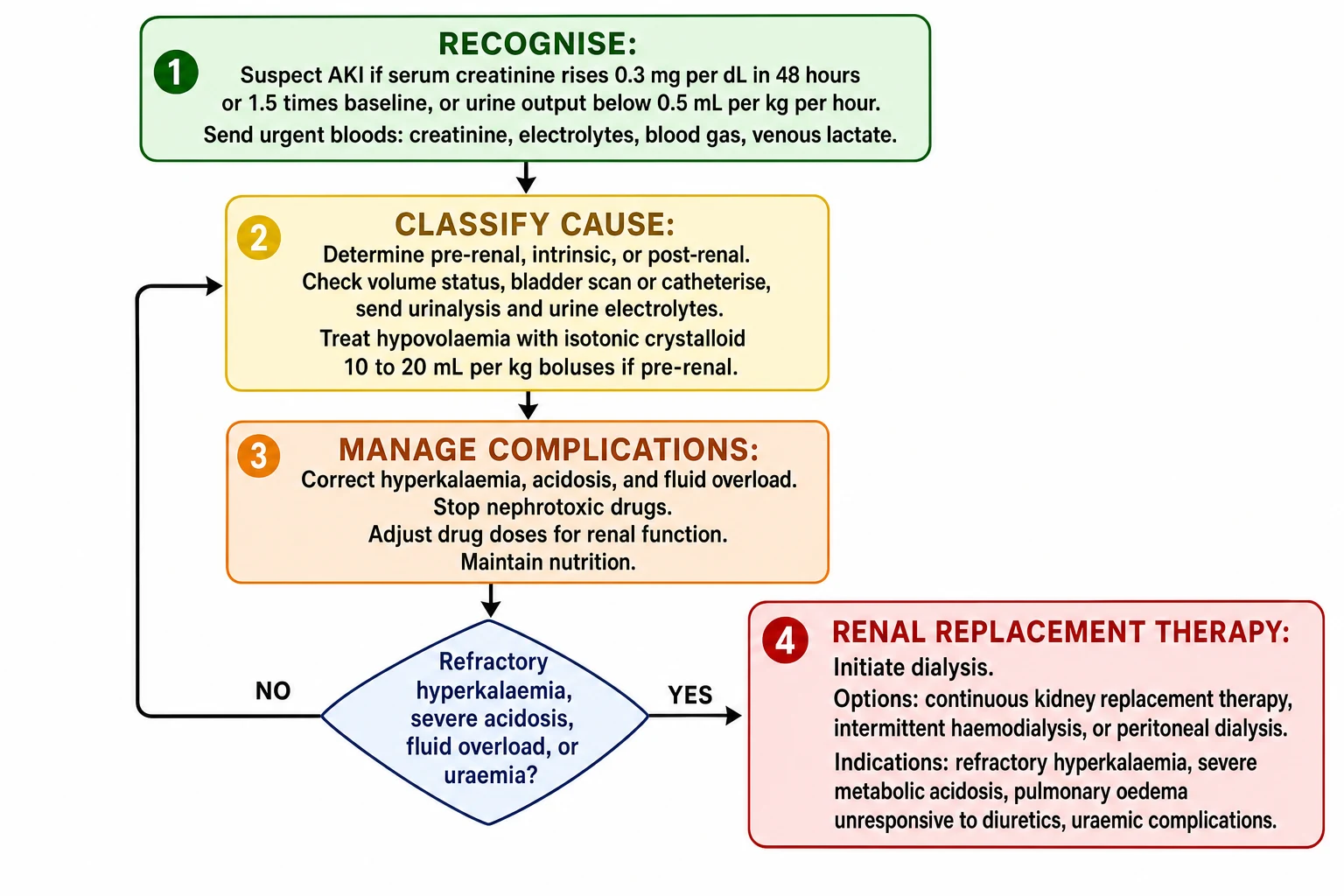 A stepwise management algorithm for paediatric acute kidney injury shown as a colour-graded flowchart: a green Recognise box for suspecting AKI by creatinine and urine output criteria and sending urgent bloods, a yellow Classify Cause box for determining pre-renal, intrinsic, or post-renal with fluid boluses of 10 to 20 mL per kg if pre-renal, an orange Manage Complications box for correcting hyperkalaemia, acidosis, and fluid overload and stopping nephrotoxic drugs, a decision diamond for refractory hyperkalaemia, severe acidosis, fluid overload, or uraemia, and a red Renal Replacement Therapy box for continuous kidney replacement therapy, intermittent haemodialysis, or peritoneal dialysis with indications listed.