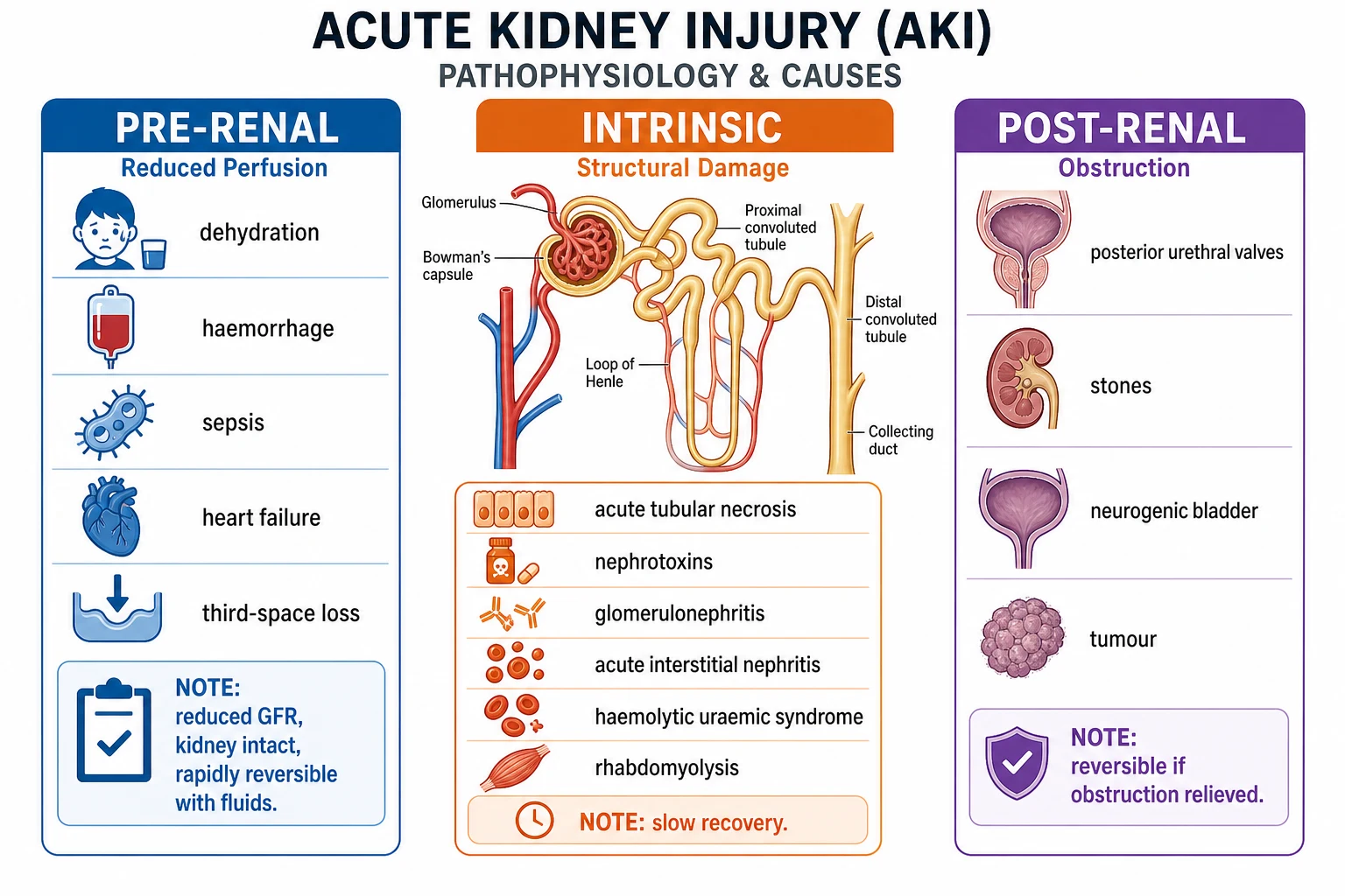The pathophysiology of acute kidney injury in three columns: a blue pre-renal column showing reduced perfusion from dehydration, haemorrhage, sepsis, heart failure, and third-space loss with a note that the kidney is structurally intact and rapidly reversible with fluids, an orange intrinsic column showing structural damage from acute tubular necrosis, nephrotoxins, glomerulonephritis, acute interstitial nephritis, haemolytic uraemic syndrome, and rhabdomyolysis with a note of slow recovery, and a purple post-renal column showing obstruction from posterior urethral valves, stones, neurogenic bladder, and tumour with a note of reversibility if the obstruction is relieved, all connected to a central nephron diagram.