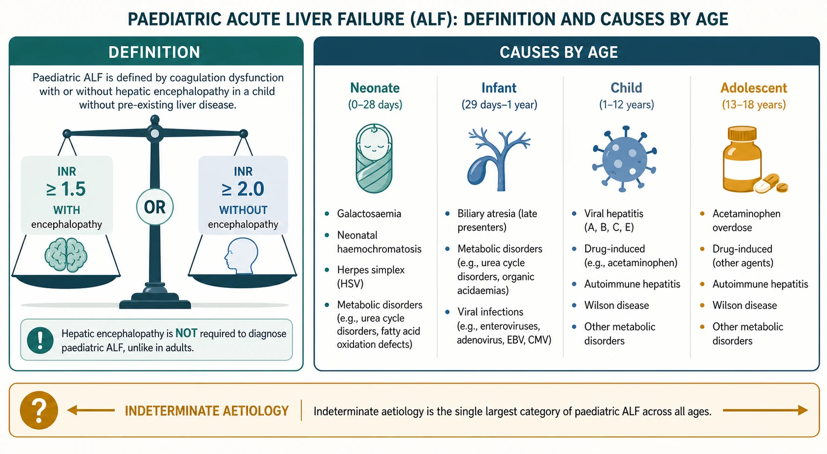 Classification diagram showing the PALF diagnostic threshold of INR 1.5 or greater with encephalopathy versus INR 2.0 or greater without encephalopathy, alongside age-stratified causes from neonate through adolescent with indeterminate aetiology as the largest category spanning all ages.