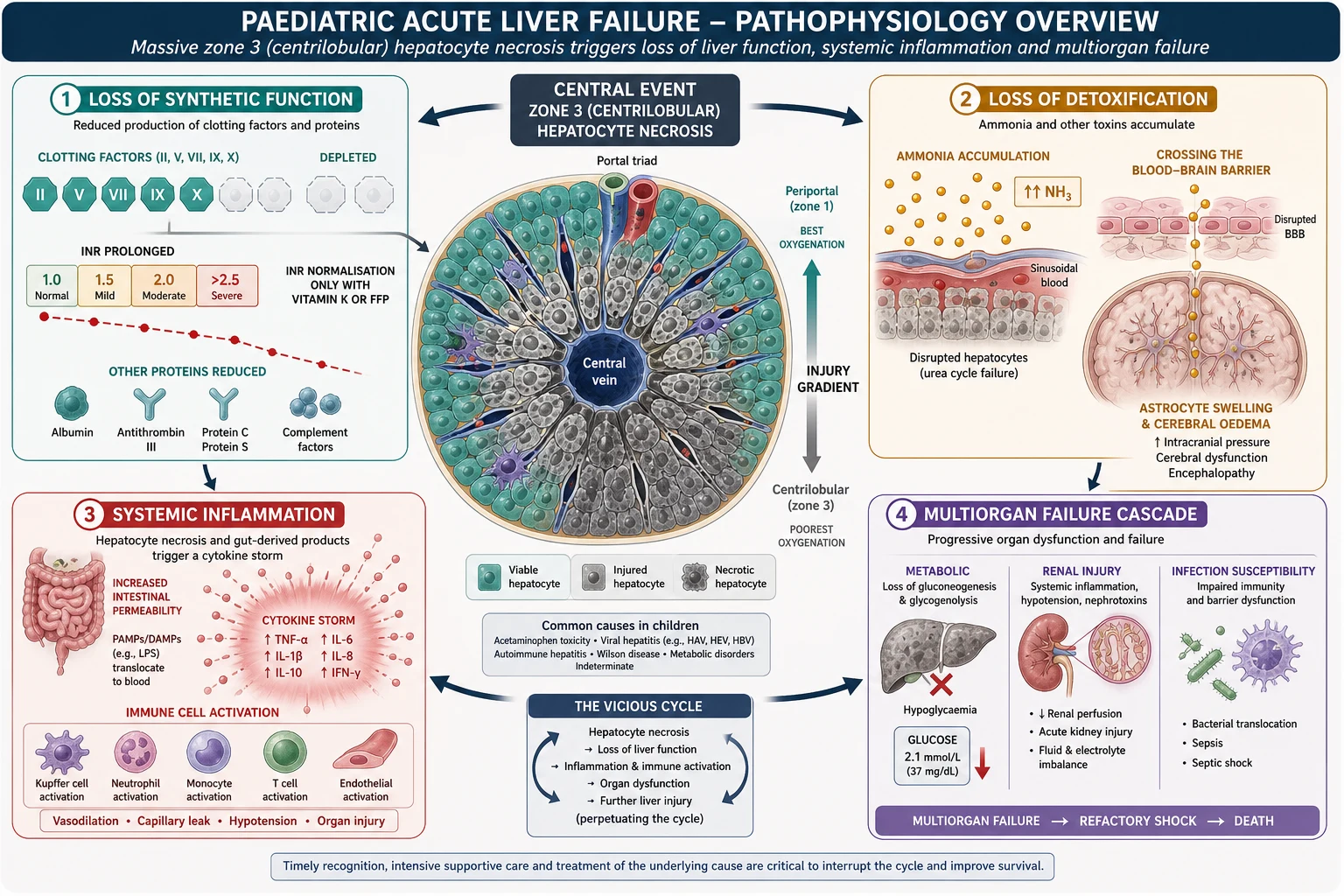 Pathophysiology diagram showing massive centrilobular hepatocyte necrosis in the centre with four downstream panels: loss of synthetic function with depleted clotting factors and rising INR, loss of detoxification with ammonia crossing the blood-brain barrier causing cerebral oedema, systemic inflammation with a cytokine storm, and a multiorgan failure cascade with hypoglycaemia and renal injury.