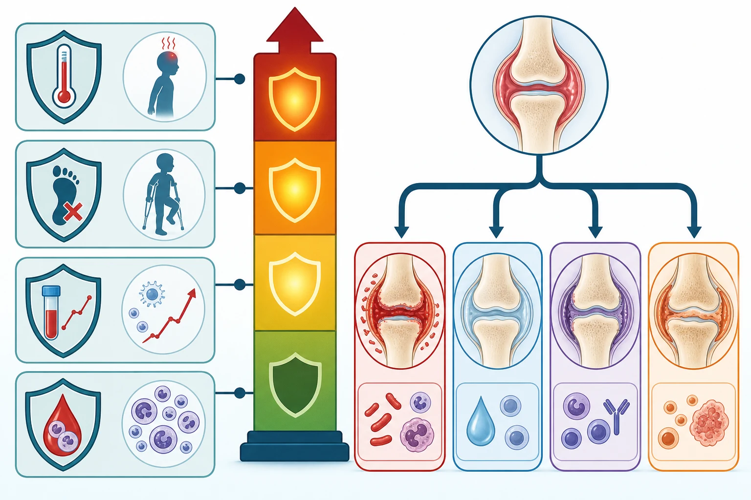 Diagnostic map showing the four Kocher predictors as stacked shield icons — a thermometer for fever above thirty-eight point five, a footprint with a red cross for unable to bear weight, a laboratory tube with a rising red line for ESR above forty, and a blood drop with cells for white cell count above twelve — beside a rising probability ladder from green to red, with the added CRP over twenty predictor from the Caird study, and four branching pathway icons for septic arthritis, transient synovitis, reactive arthritis, and juvenile idiopathic arthritis diverging from a swollen-joint icon