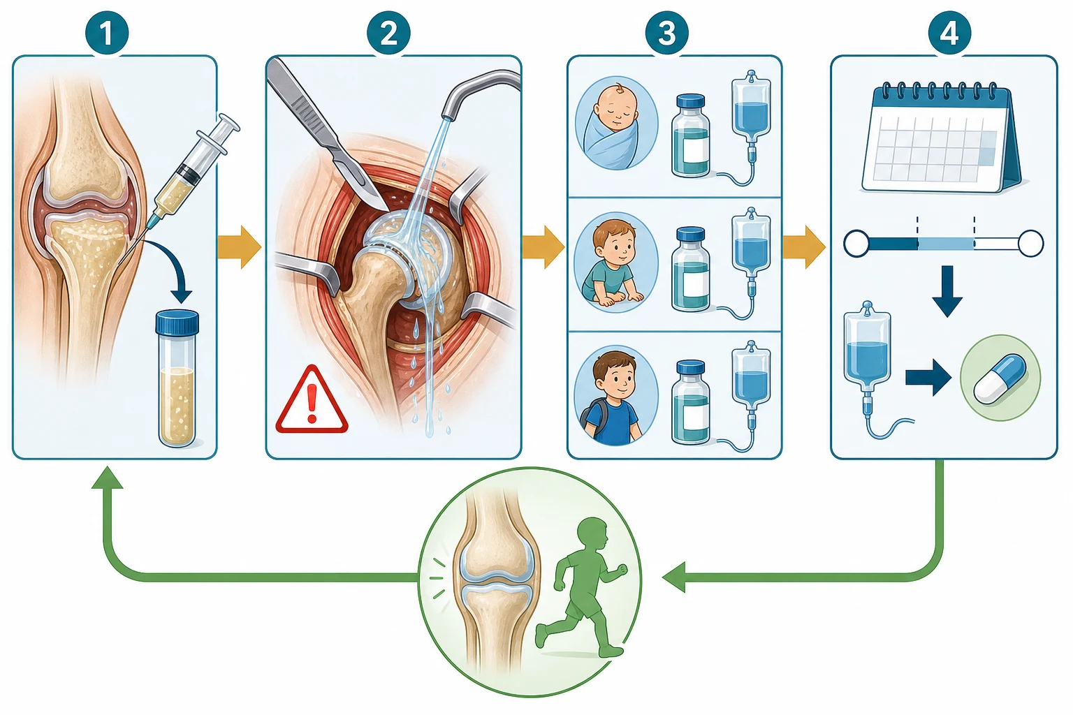 Management pathway flowing left to right through four stations connected by arrows — a syringe aspirating cloudy fluid from a swollen joint for diagnosis, a surgical scalpel and water-washout stream over an open hip with a warning triangle for urgent arthrotomy, a vertical stack of three age-banded medicine vials for a neonate a toddler and a school-age child each with an intravenous drip representing age-stratified empiric antibiotics, and a calendar with a three-to-four-week timeline bar transitioning from an intravenous drip to an oral pill for step-down therapy, with a feedback arrow returning to a healed green joint