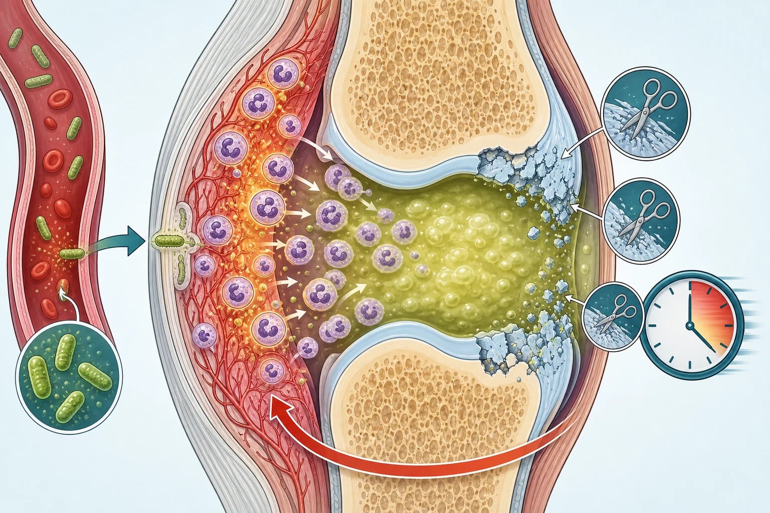 Cross-section of a child's synovial joint with bacteria crossing the joint capsule from a blood vessel into the vascular synovial membrane on the left, a dense cloud of neutrophil immune-cell icons pouring inflammatory fluid into the joint space turning the fluid from clear to cloudy pus in the centre, and protease-enzyme scissor icons degrading the articular cartilage on the bone ends on the right, with a clock showing rapid time progression and a feedback loop arrow showing escalating inflammation