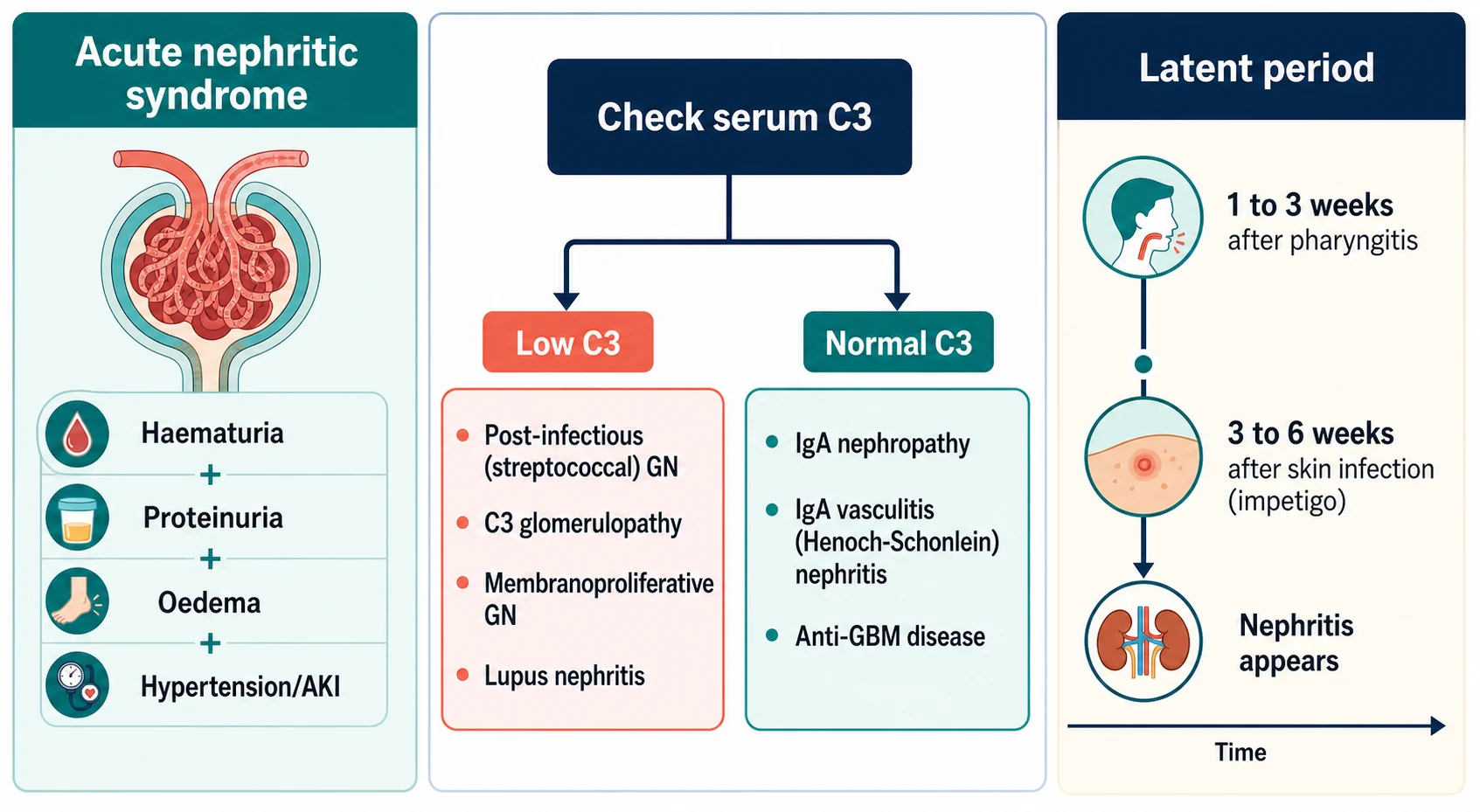 Classification of acute nephritic syndrome by serum complement C3, with the streptococcal latent-period timeline