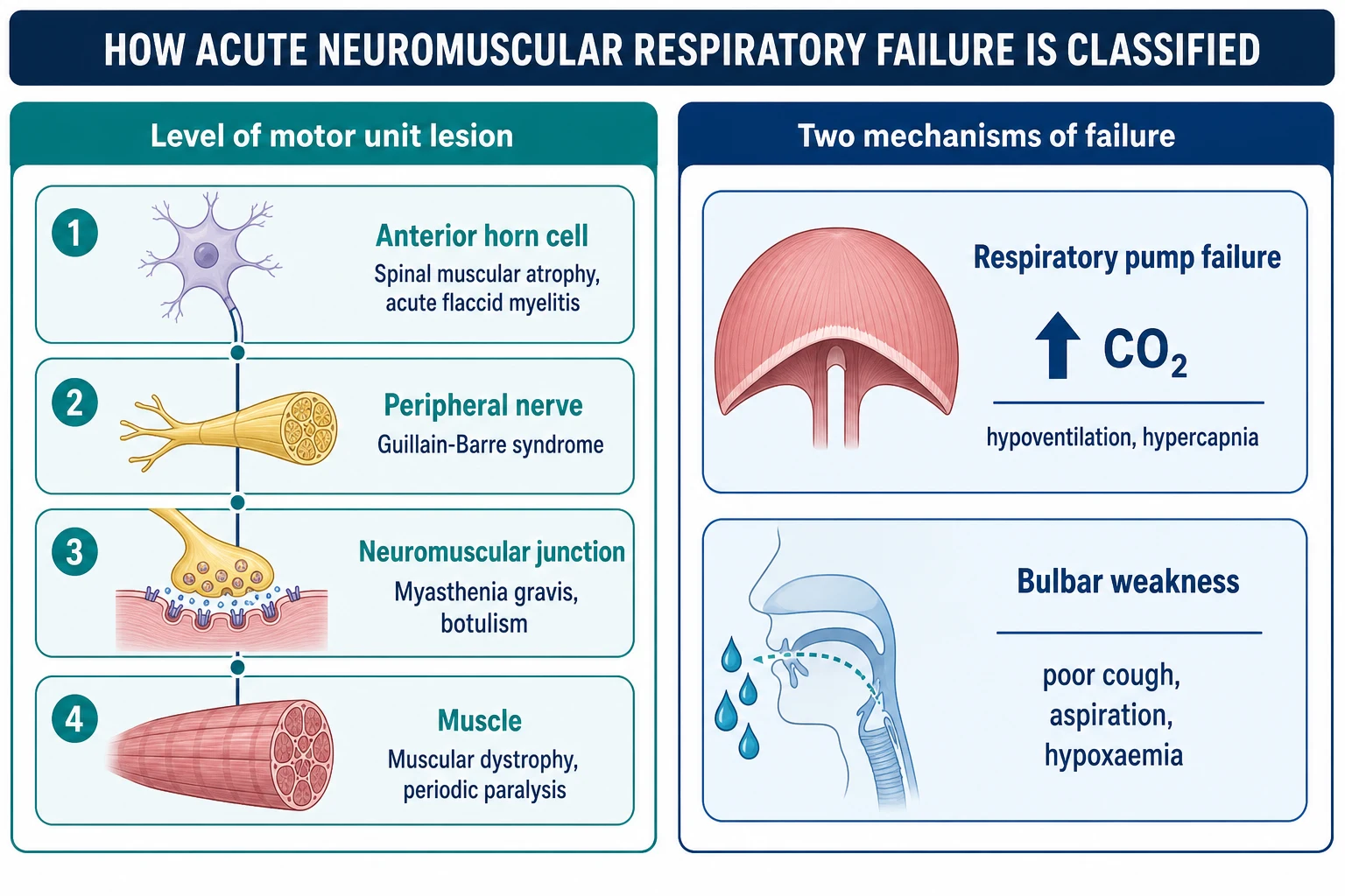 Classification of acute neuromuscular respiratory failure by the level of the motor unit lesion and the two mechanisms of failure